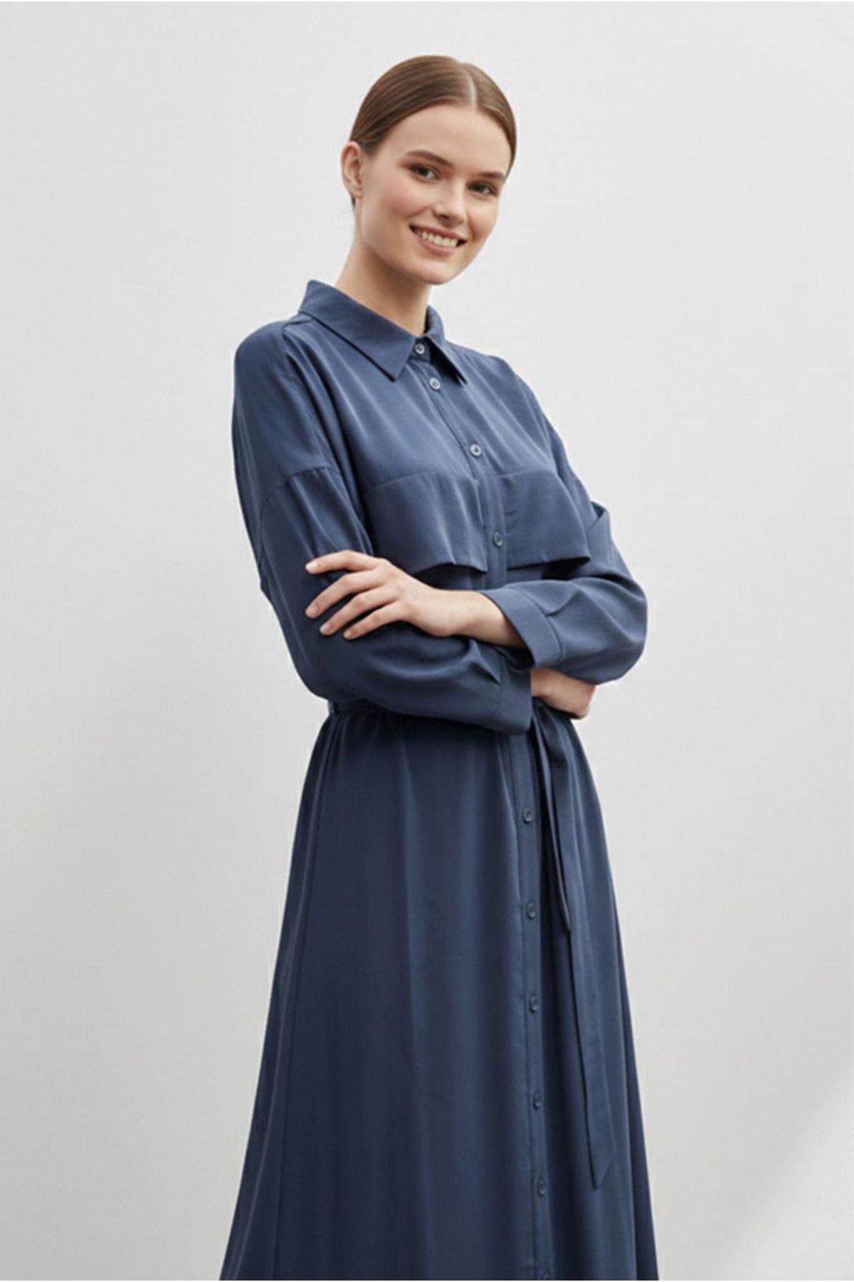 26Y7426 - LACİVERT - KAT DETAY KUŞAKLI ELBİSE 