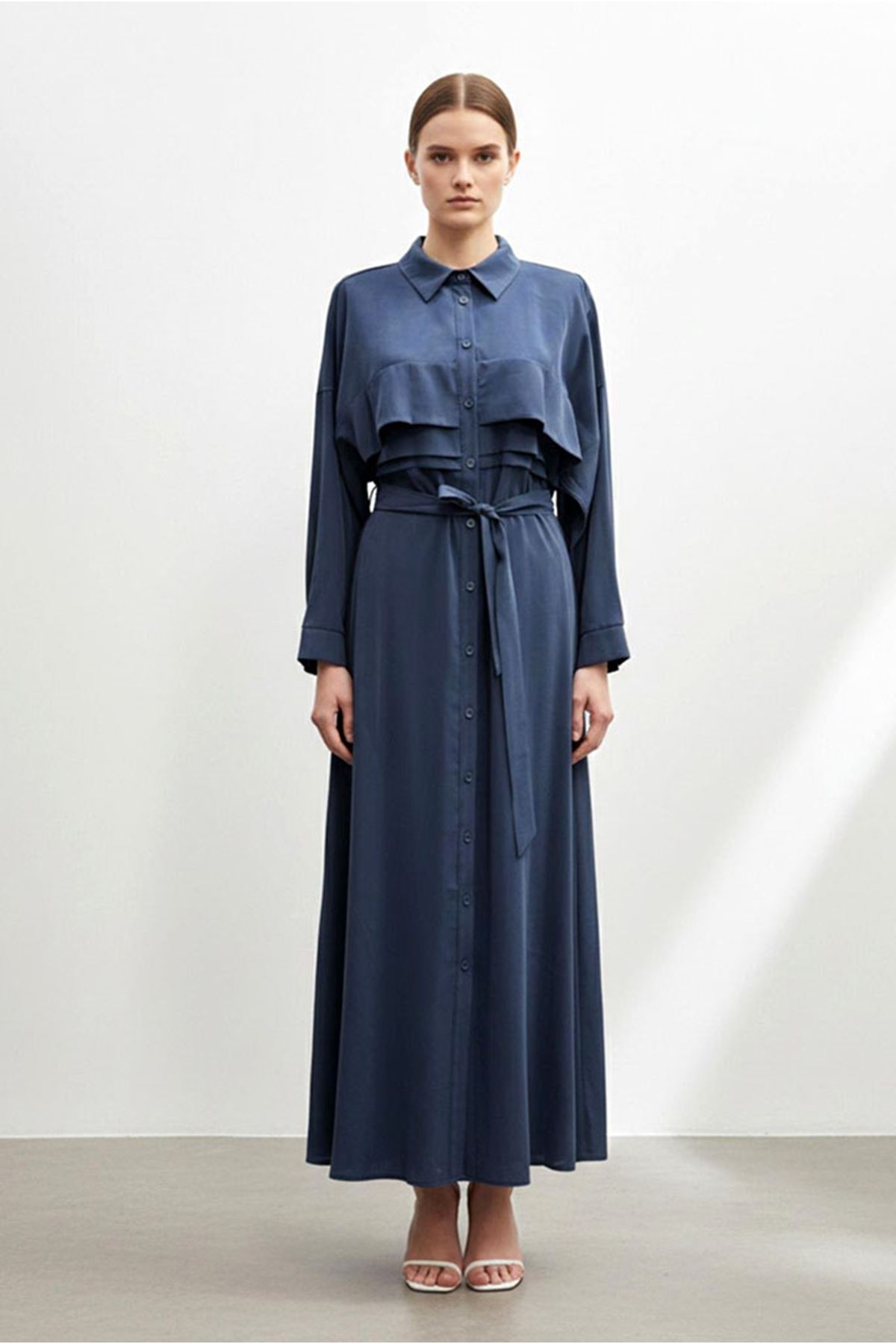 26Y7426 - LACİVERT - KAT DETAY KUŞAKLI ELBİSE 