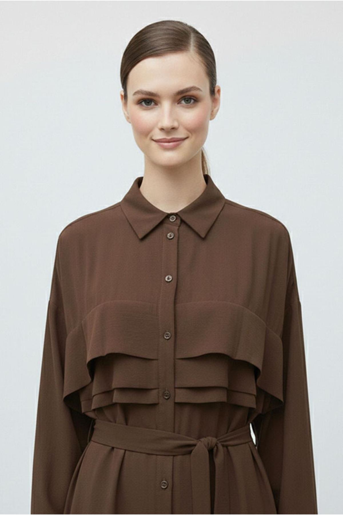 26Y7426 - KAHVE  - KAT DETAY KUŞAKLI ELBİSE 