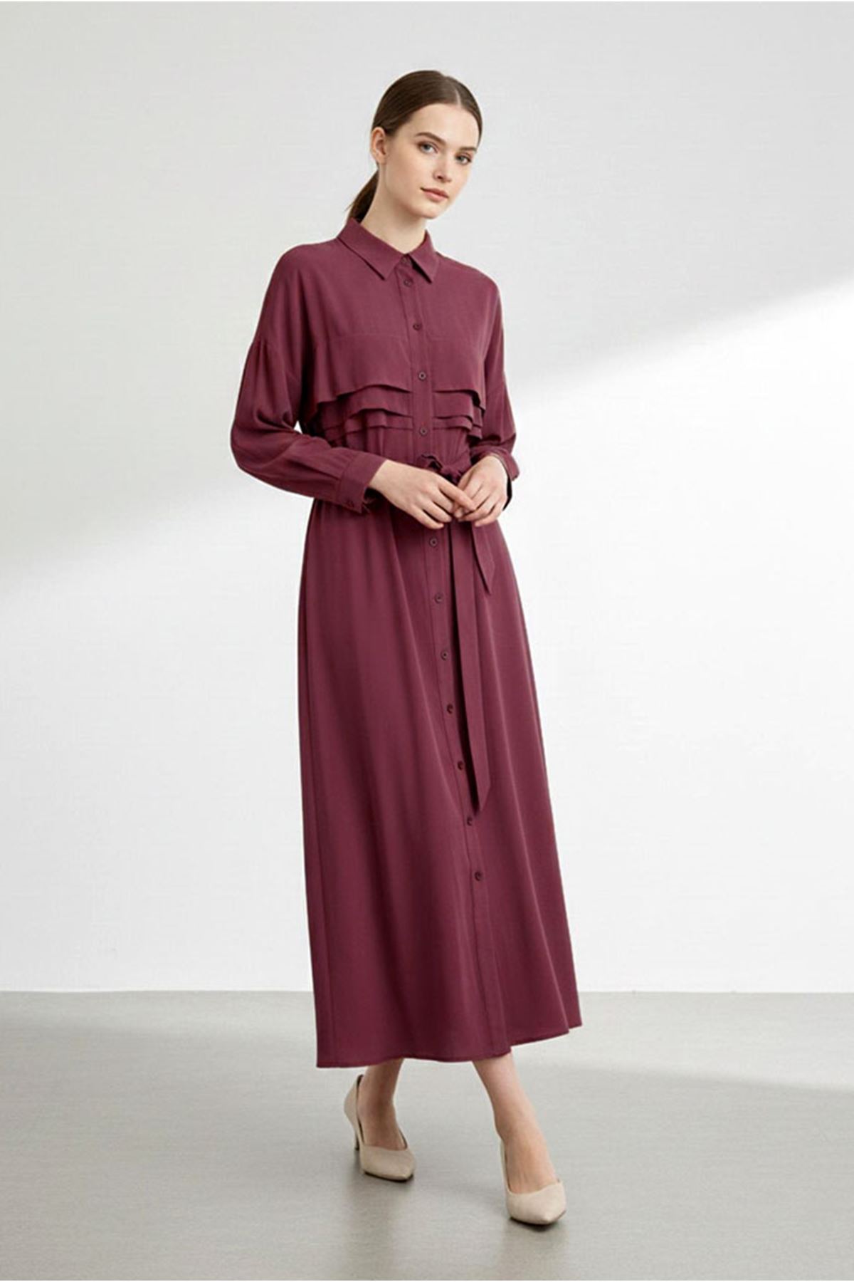 26Y7426 - BORDO - KAT DETAY KUŞAKLI ELBİSE