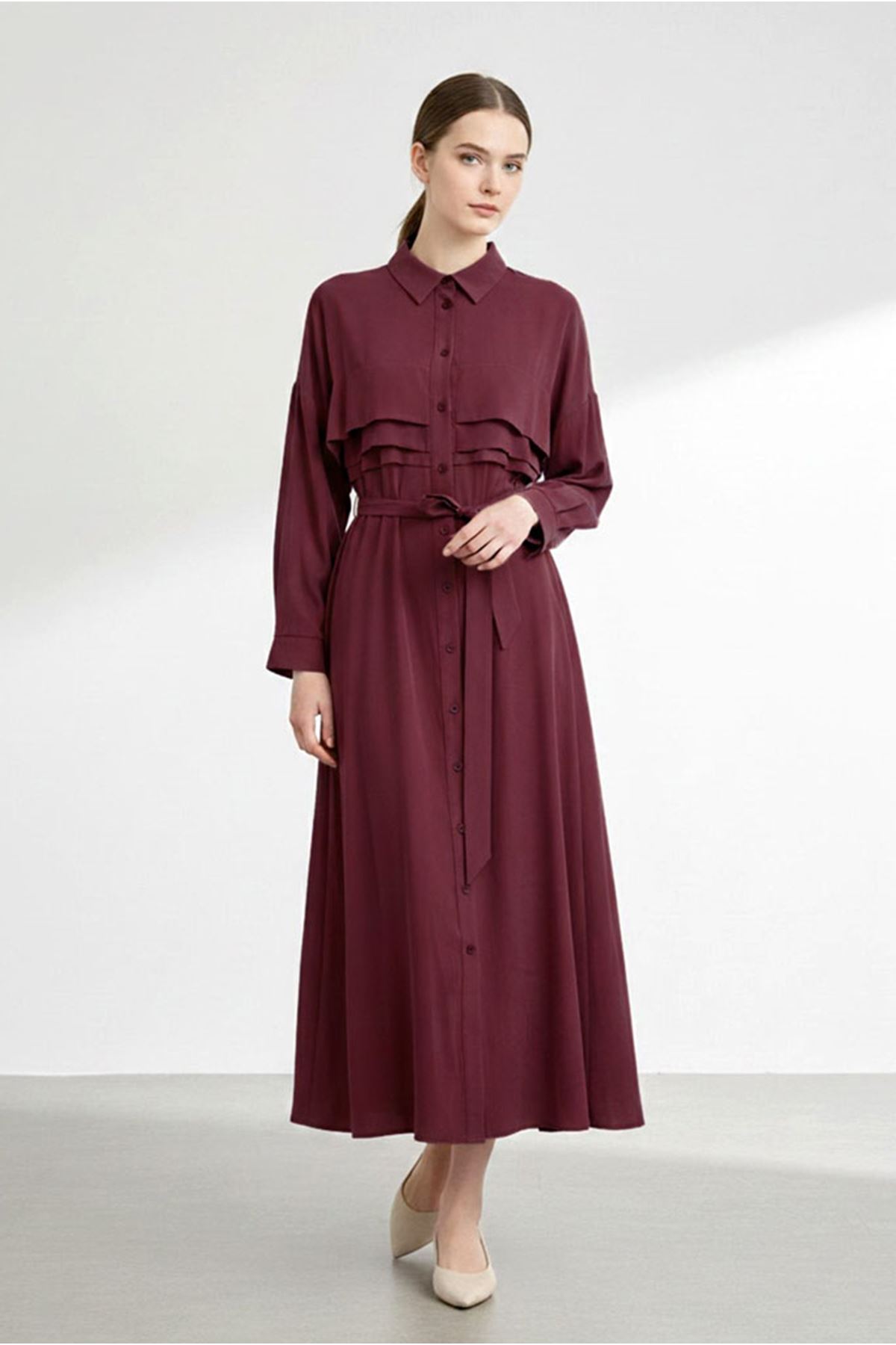 26Y7426 - BORDO - KAT DETAY KUŞAKLI ELBİSE