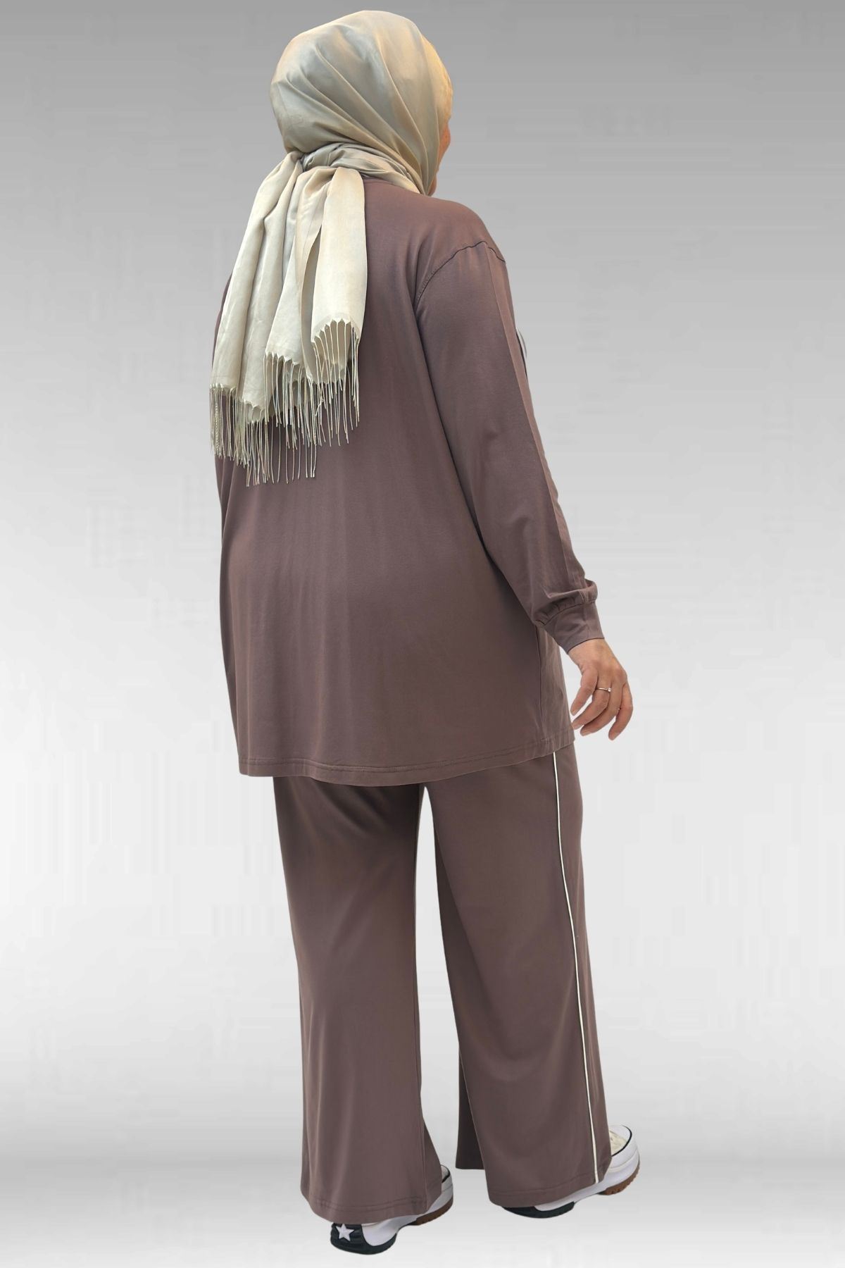 67012 Büyük Beden Biye Detaylı Penye Pantolonlu Takım - Vizon