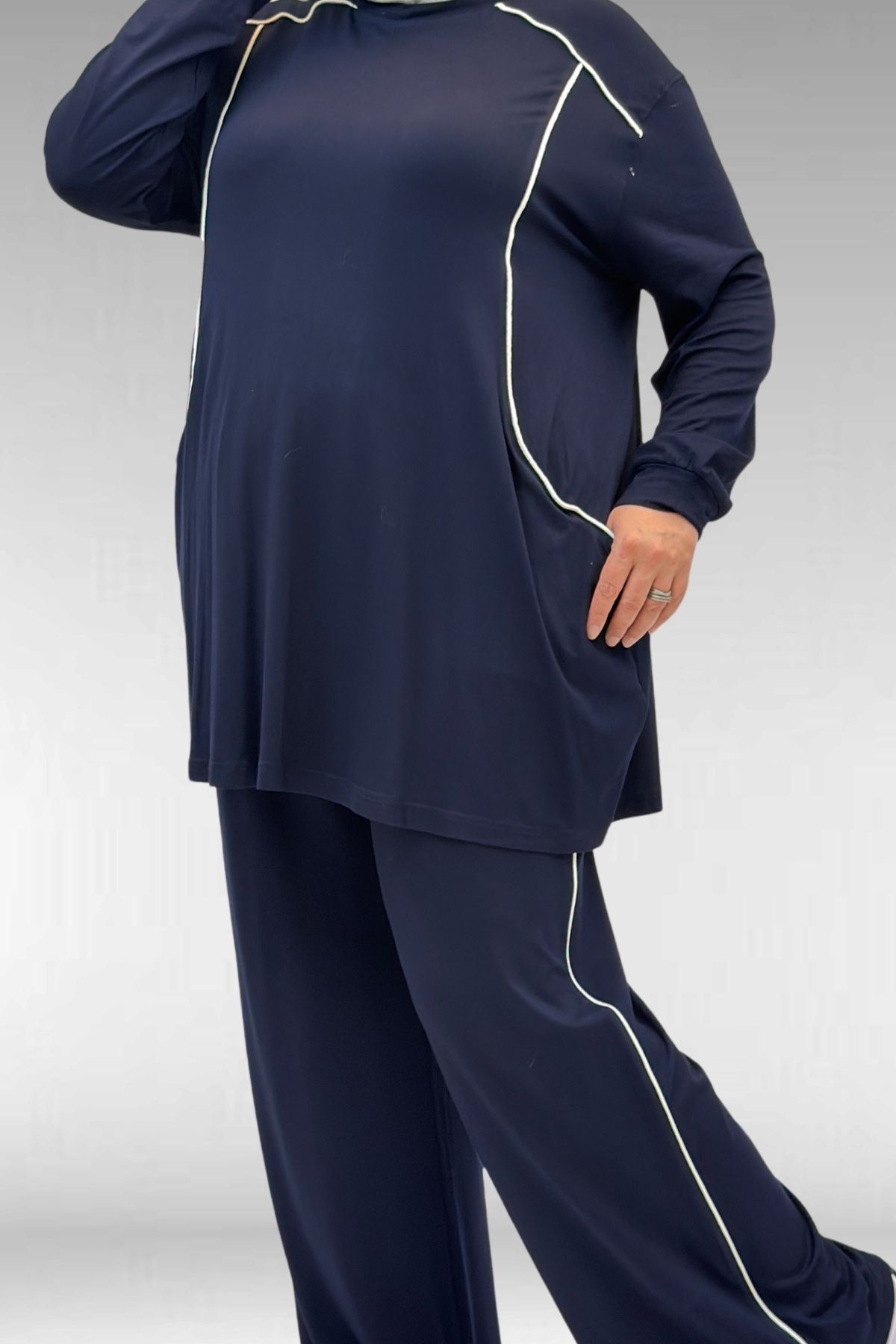 67012 Büyük Beden Biye Detaylı Penye Pantolonlu Takım - Lacivert