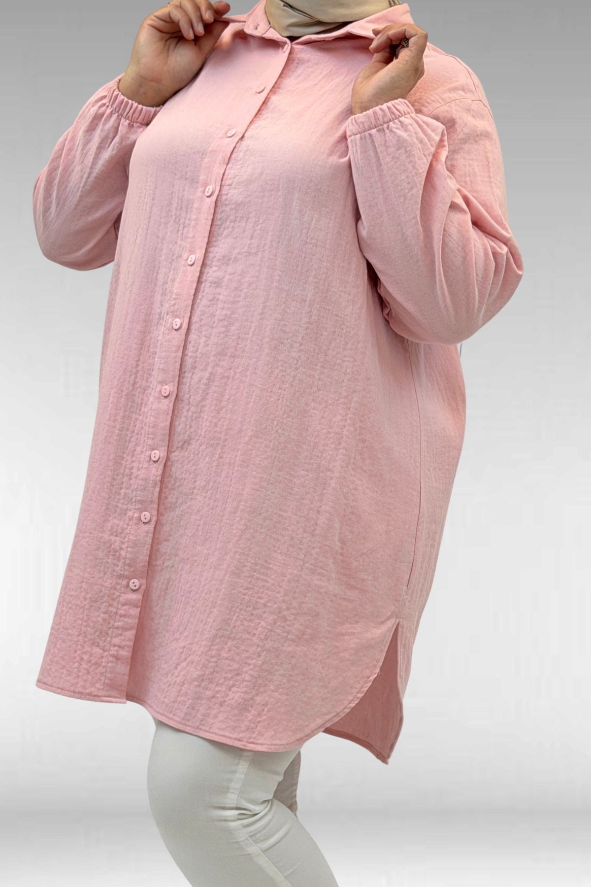 58091 Büyük Beden Kolları Lastikli Müslin Gömlek - Şeker Pembesi
