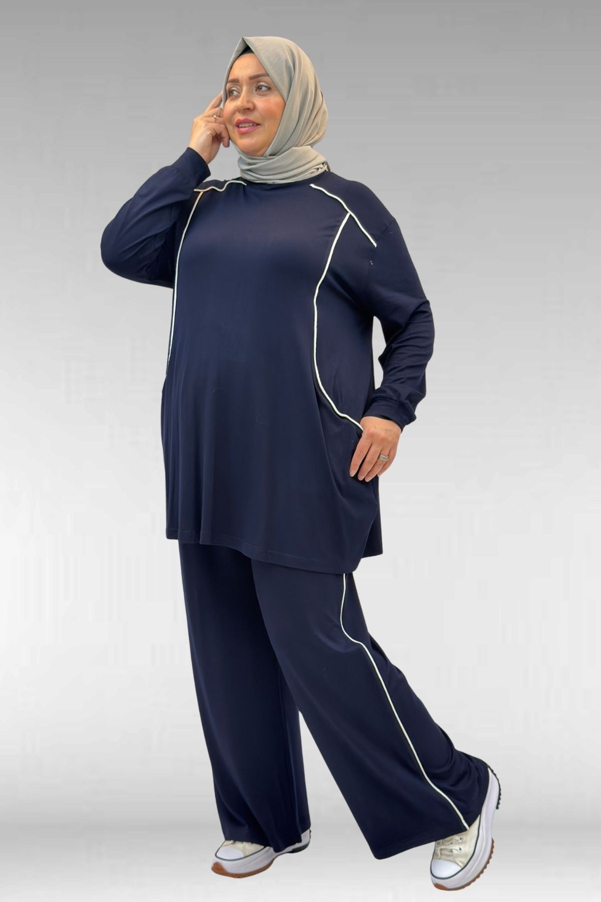 67012 Büyük Beden Biye Detaylı Penye Pantolonlu Takım - Lacivert