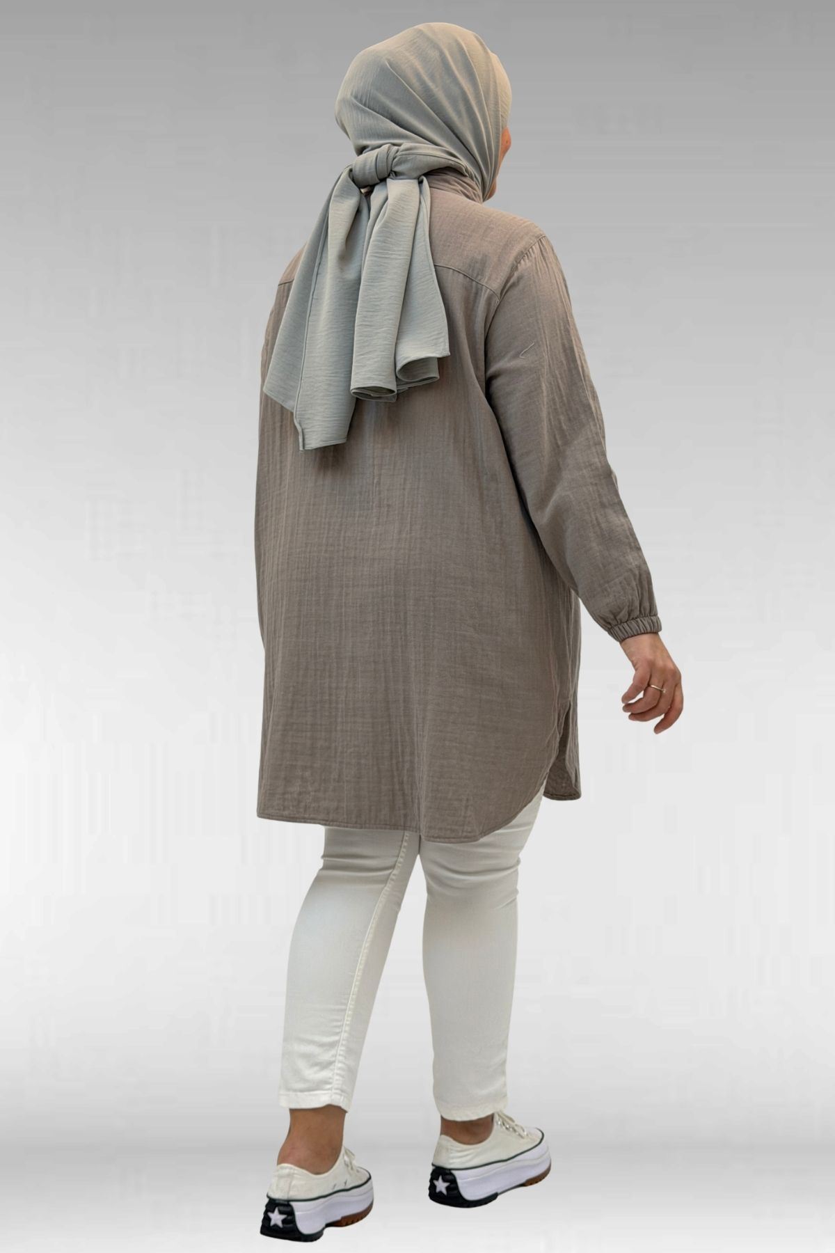 58091 Büyük Beden Kolları Lastikli Müslin Gömlek - Vizon