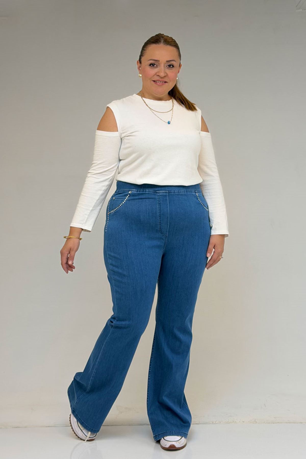 59041 Büyük Beden İspanyol  Taş Baskı Detaylı Kot Pantolon - Açık Mavi