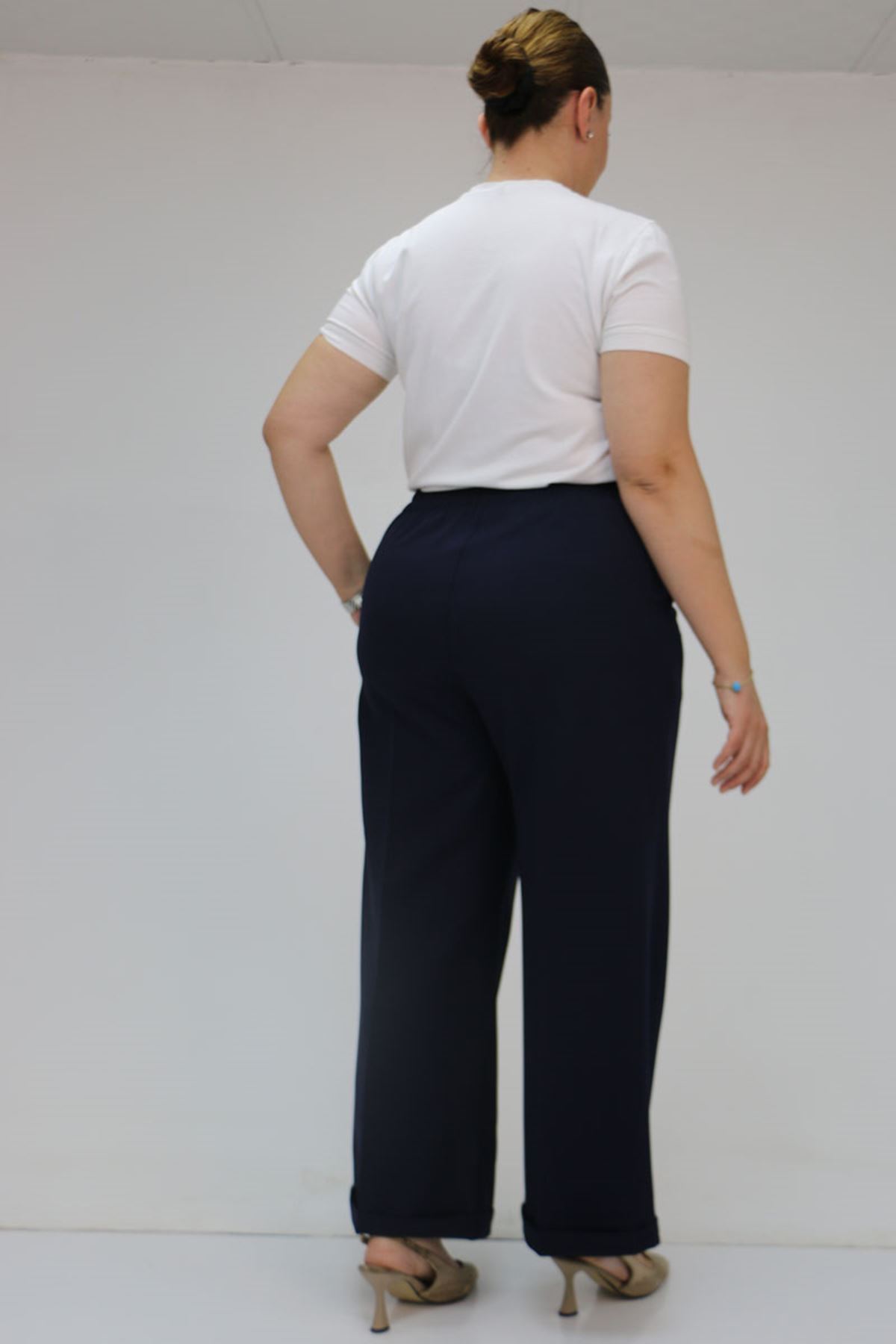 59008 Büyük Beden Beli Lastikli Duble Paça Pantolon - Lacivert