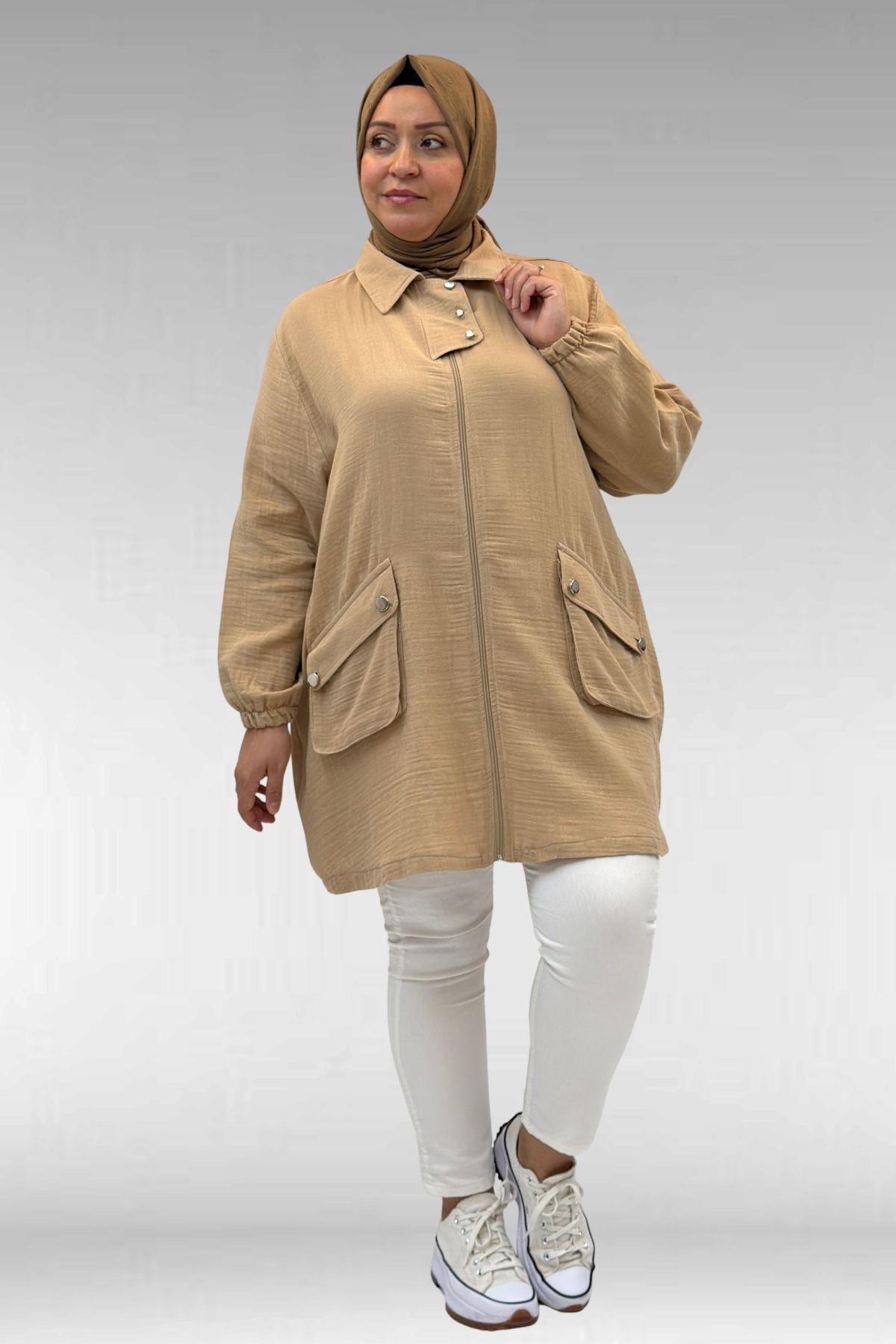 63001 Büyük Beden Cep Ve Patı Çıtçıt Detaylı Müslin Ceket - Bej