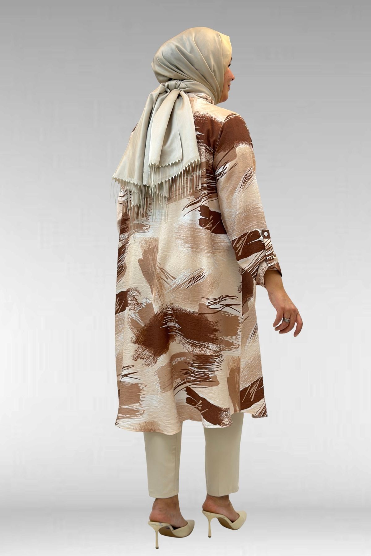 68014 Büyük Beden Hakimyaka Çift Düğmeli Mango Tunik - Desenli Çikolata Kahve