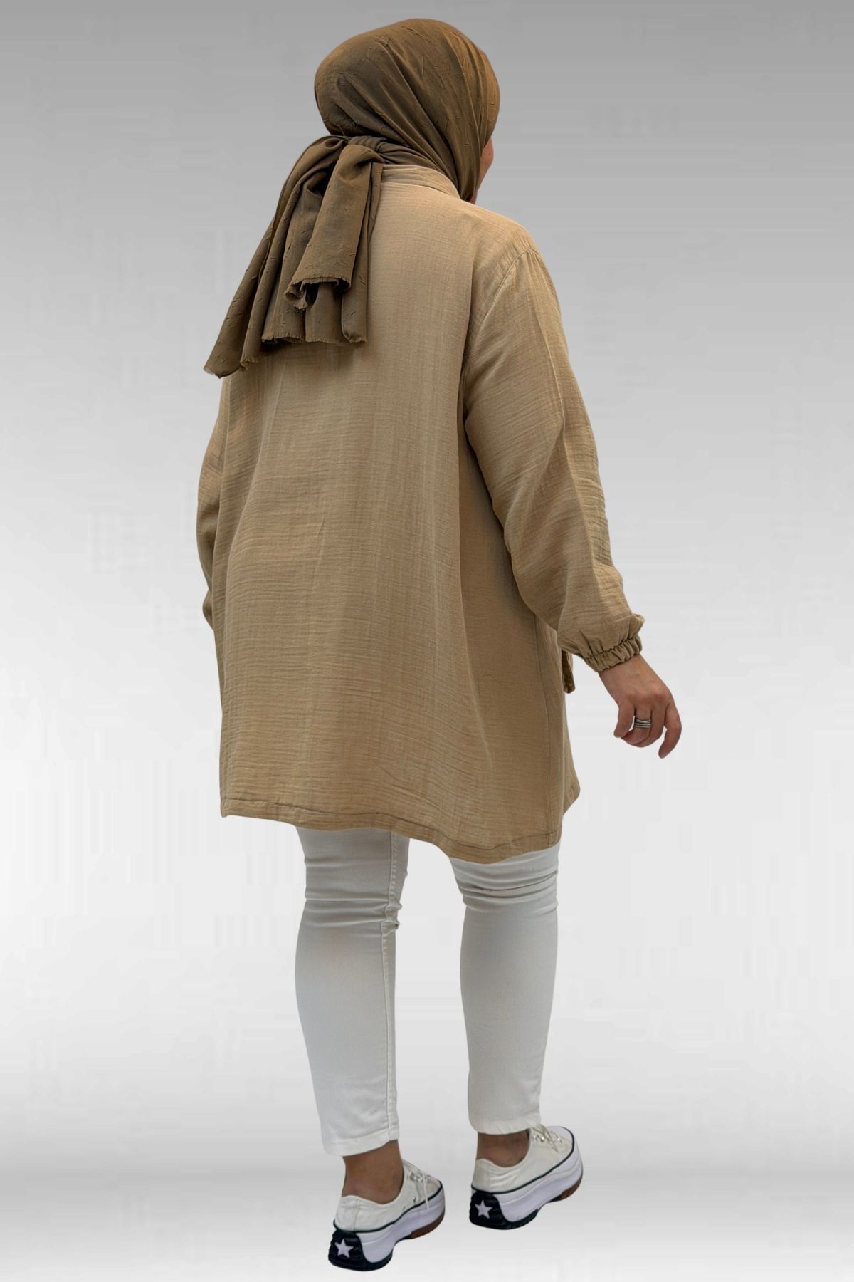 63001 Büyük Beden Cep Ve Patı Çıtçıt Detaylı Müslin Ceket - Bej