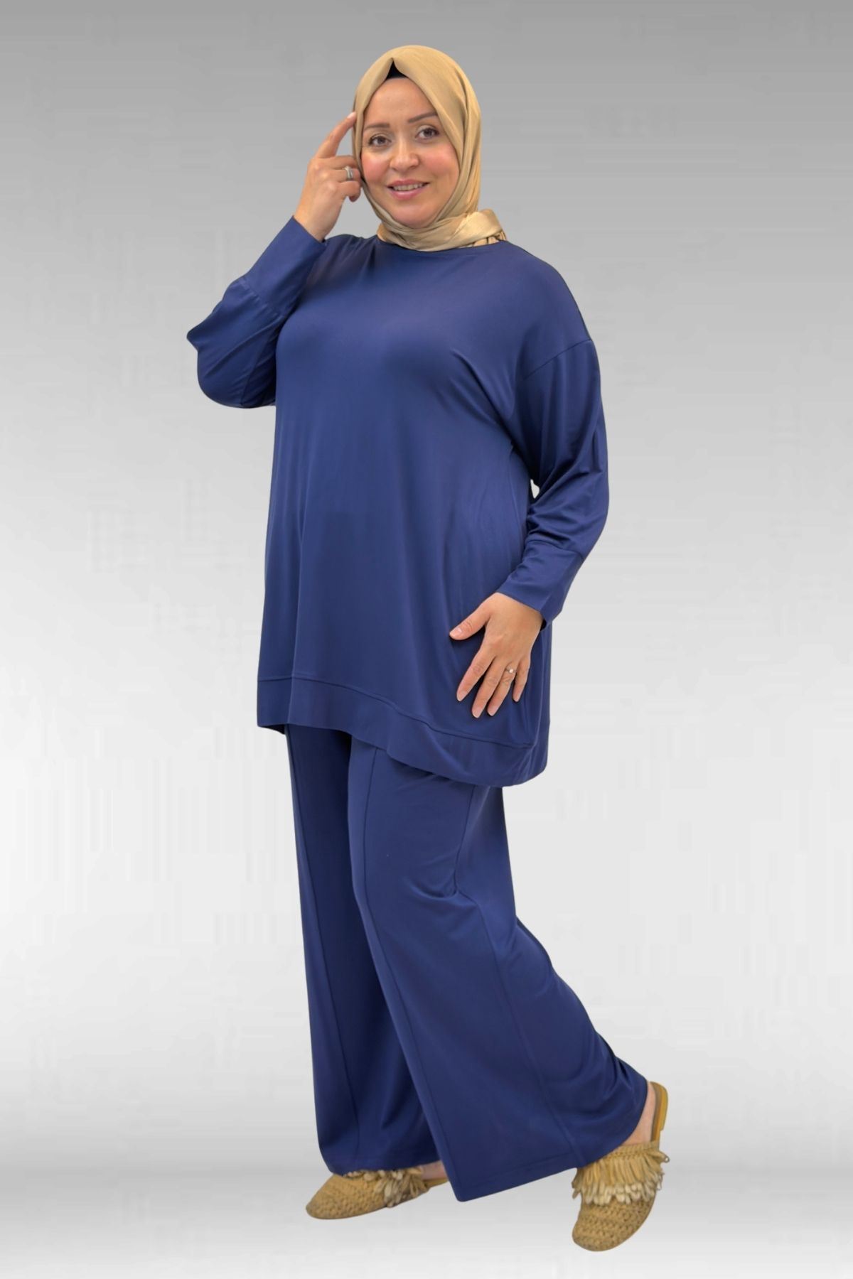 67007 Büyük Beden Kol Ve Etek Ucu Kendinden Ribanalı Pantolonlu Takım - İndigo