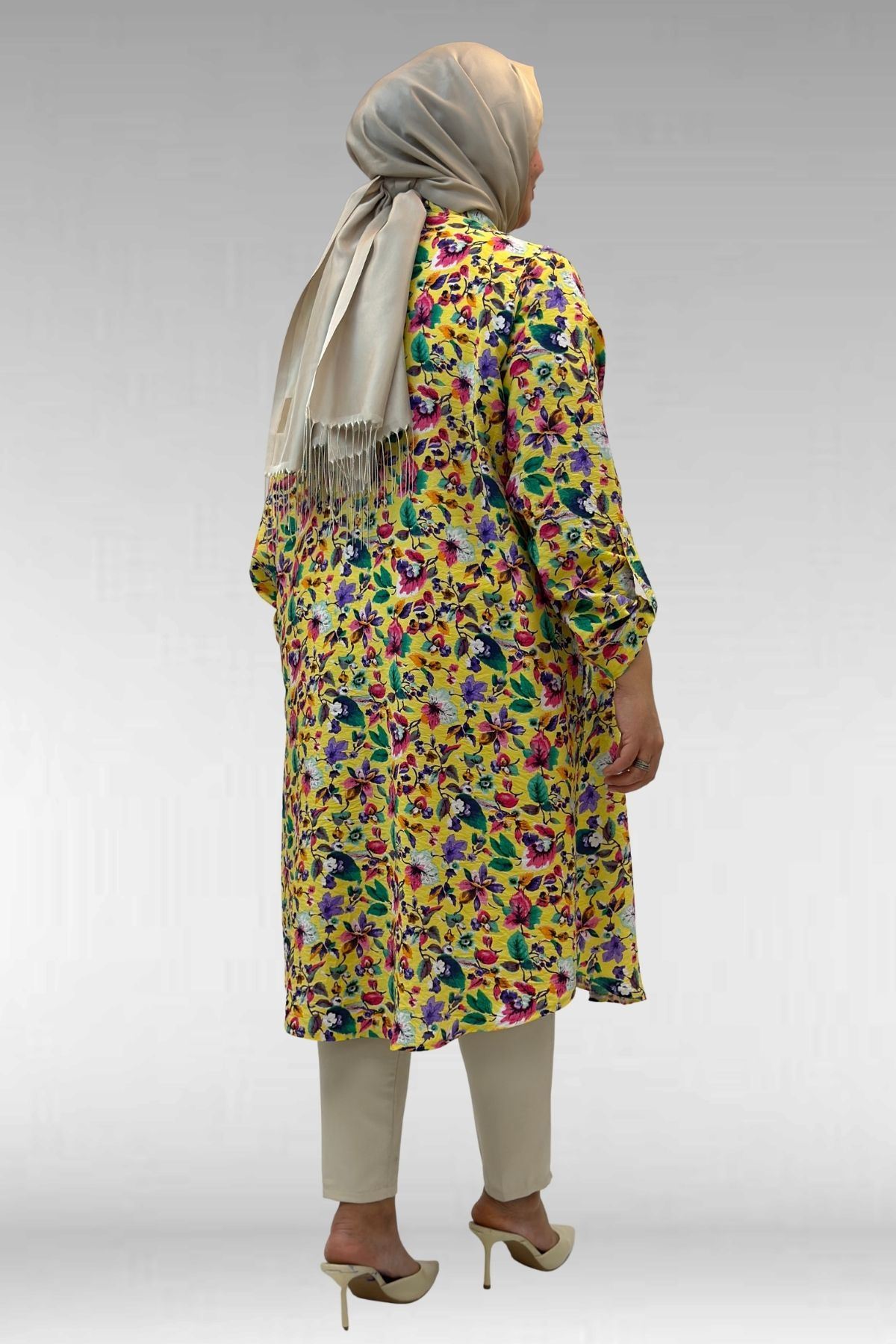 68014 Büyük Beden Hakimyaka Çift Düğmeli Mango Tunik - Desenli Sarı