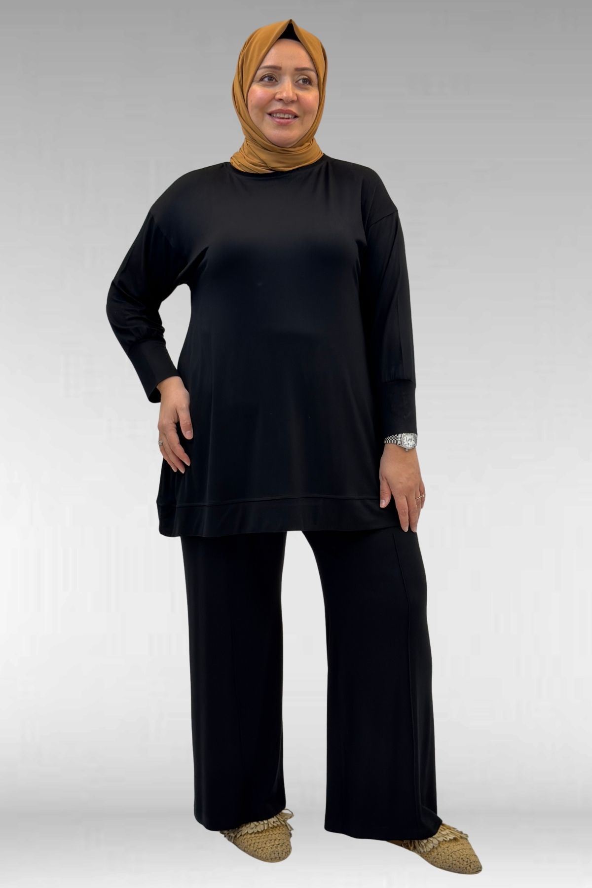 67007 Büyük Beden Kol Ve Etek Ucu Kendinden Ribanalı Pantolonlu Takım - Siyah