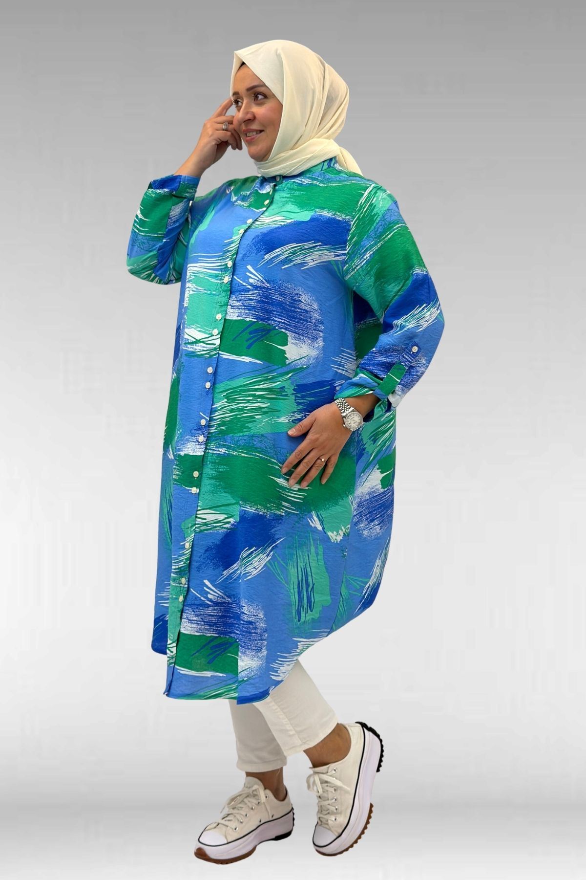 68014 Büyük Beden Hakimyaka Çift Düğmeli Mango Tunik - Desenli Mavi