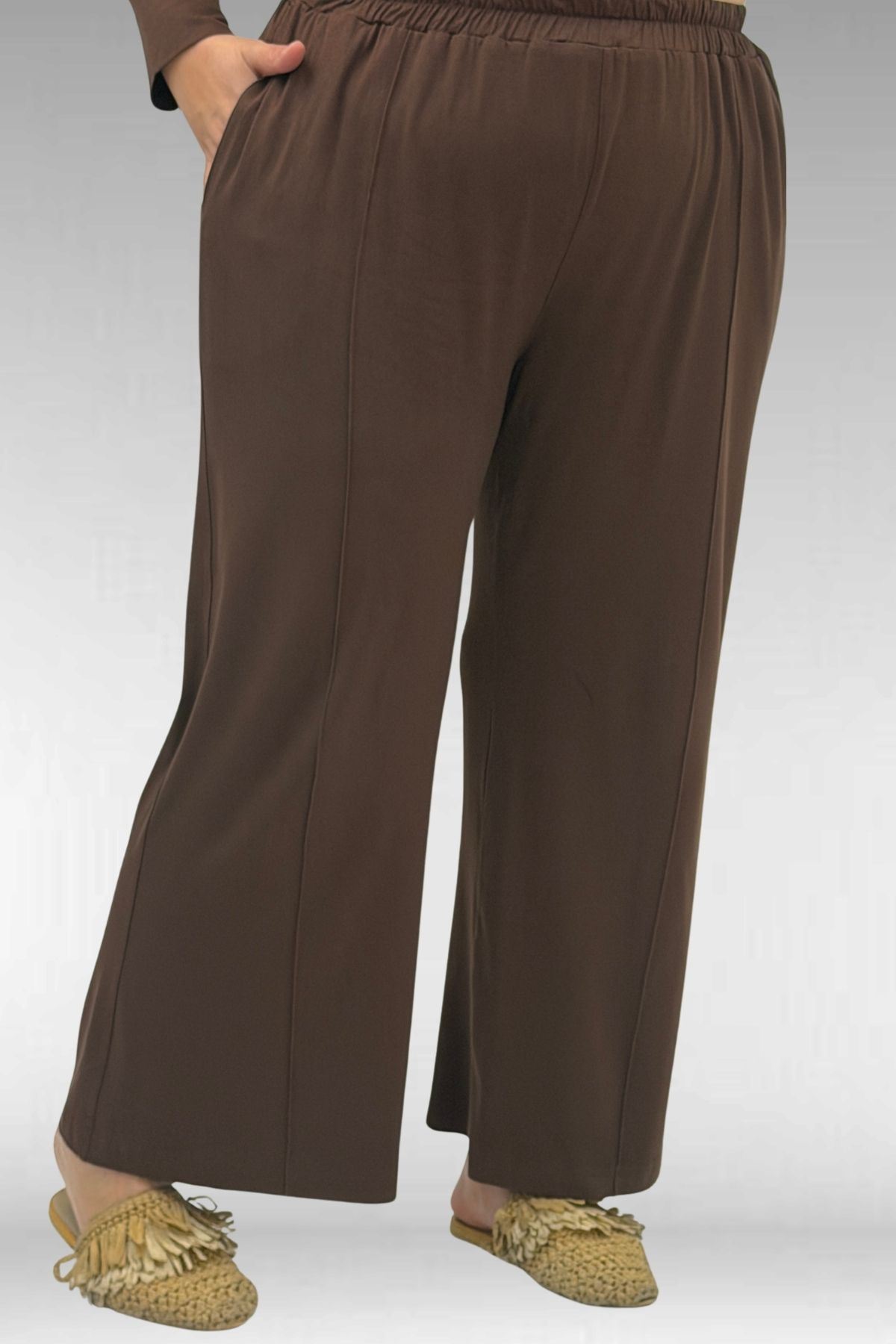 67007 Büyük Beden Kol Ve Etek Ucu Kendinden Ribanalı Pantolonlu Takım - Kahve