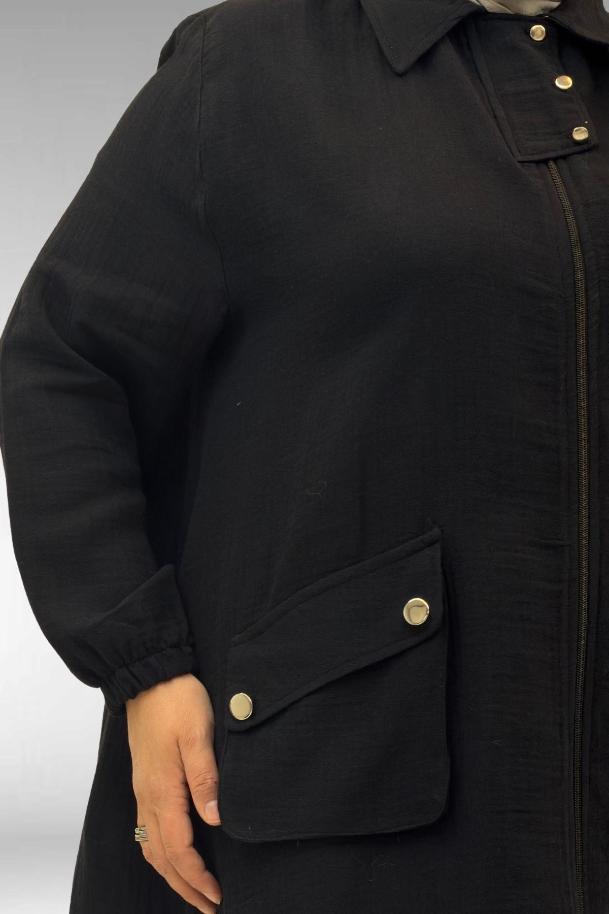 63001 Büyük Beden Cep Ve Patı Çıtçıt Detaylı Müslin Ceket - Siyah