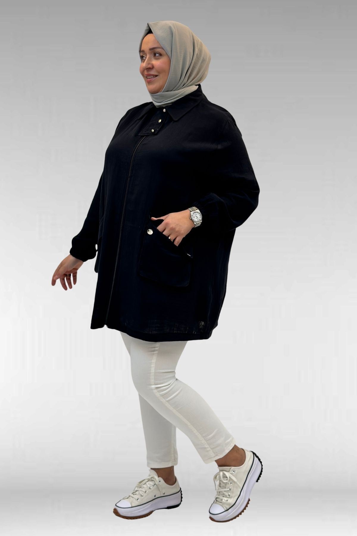63001 Büyük Beden Cep Ve Patı Çıtçıt Detaylı Müslin Ceket - Siyah