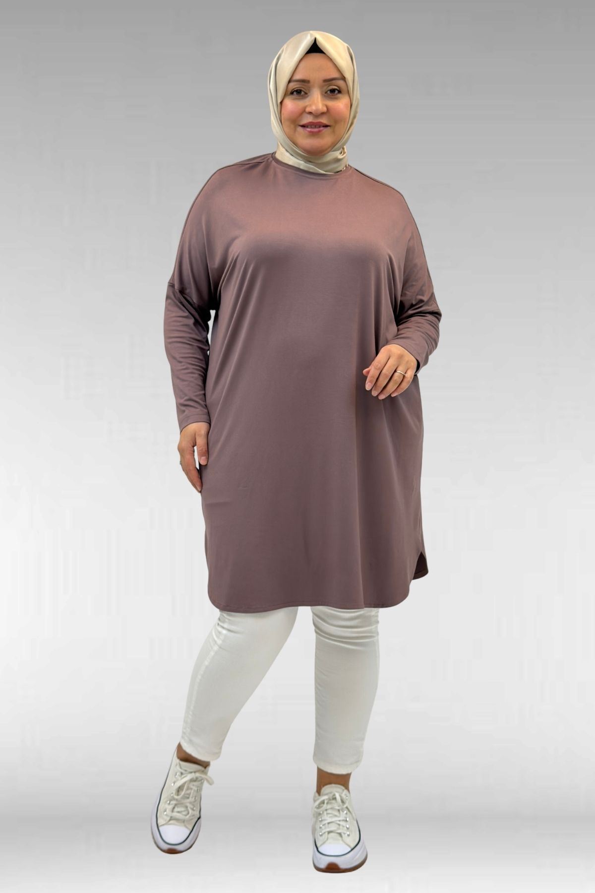 38111 Büyük Beden Basic Penye Tunik - Vizon