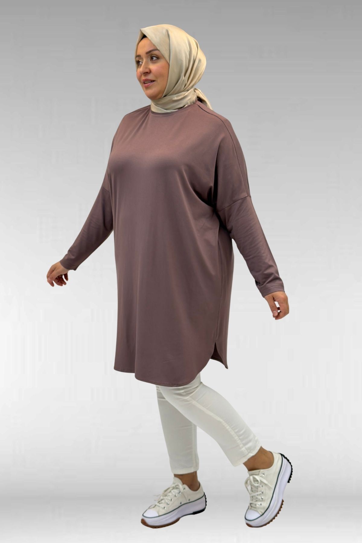 38111 Büyük Beden Basic Penye Tunik - Vizon