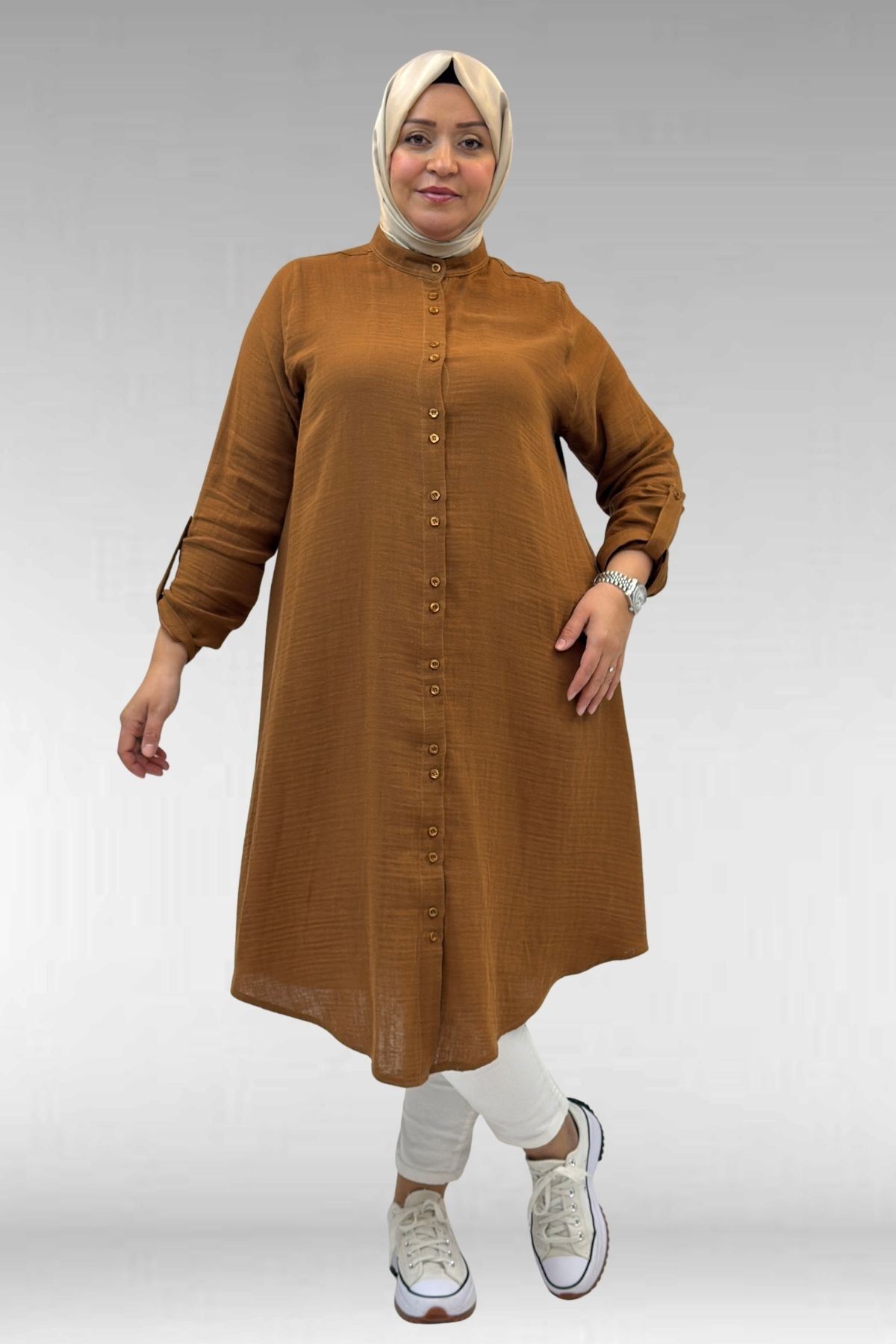 58092 Büyük Beden Çift Düğme Detaylı Müslin Gömlek - Kahve