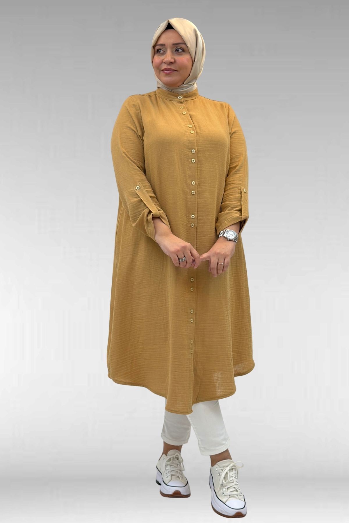 58092 Büyük Beden Çift Düğme Detaylı Müslin Gömlek - Bisküvi