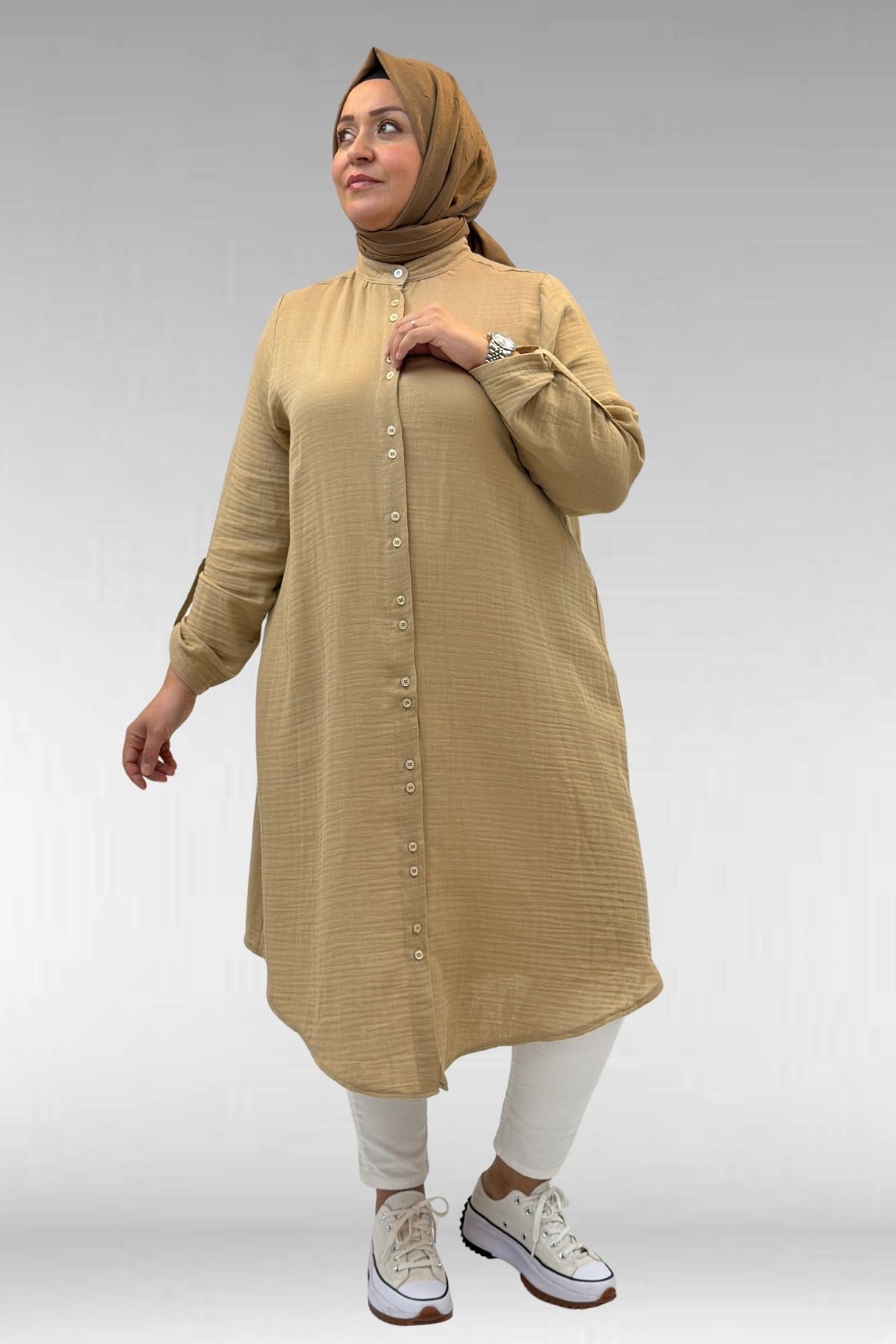 58092 Büyük Beden  Çift Düğme Detaylı Müslin Gömlek - Bej