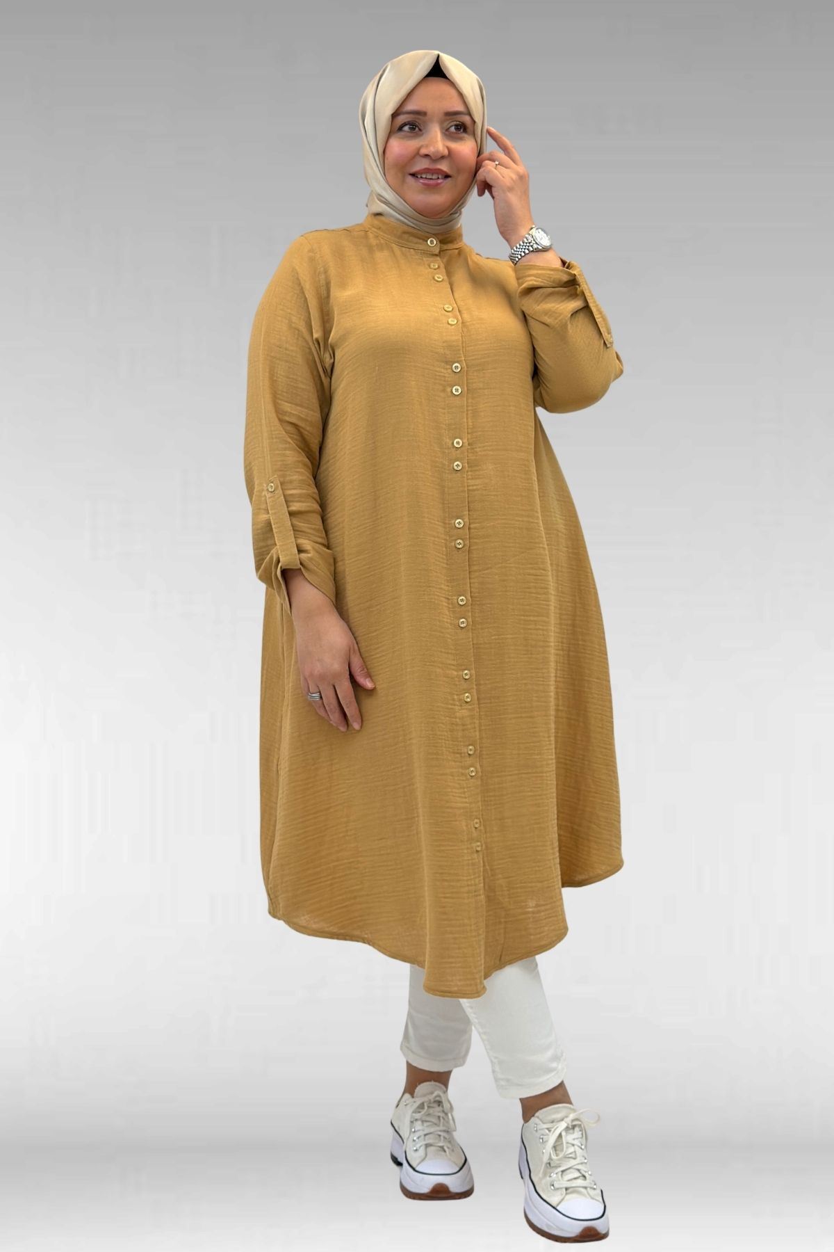 58092 Büyük Beden Çift Düğme Detaylı Müslin Gömlek - Bisküvi