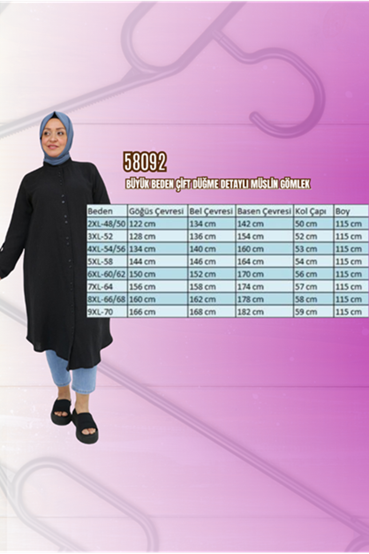 58092 Büyük Beden Çift Düğme Detaylı Müslin Gömlek - Antrasit