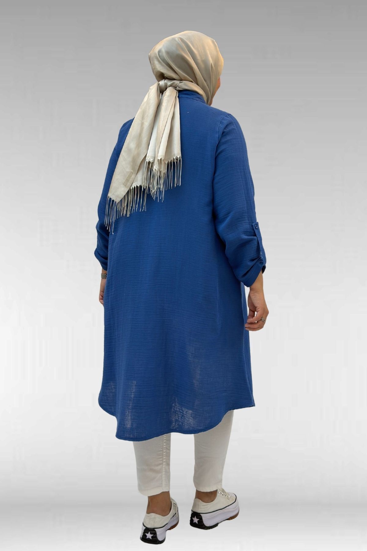 58092 Büyük Beden Çift Düğme Detaylı Müslin Gömlek - İndigo