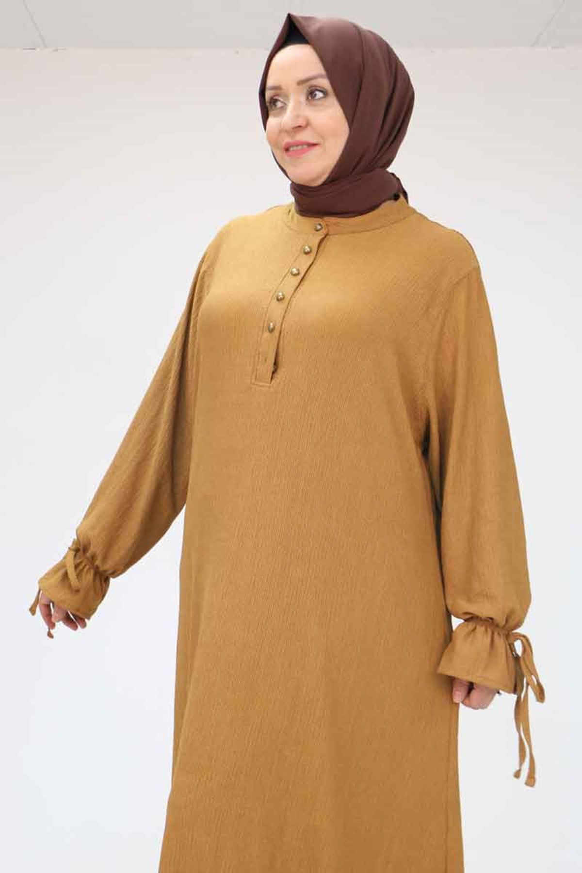 F-52005 Büyük Beden Kolu Bağlamalı Bürümcük Elbise - Taba