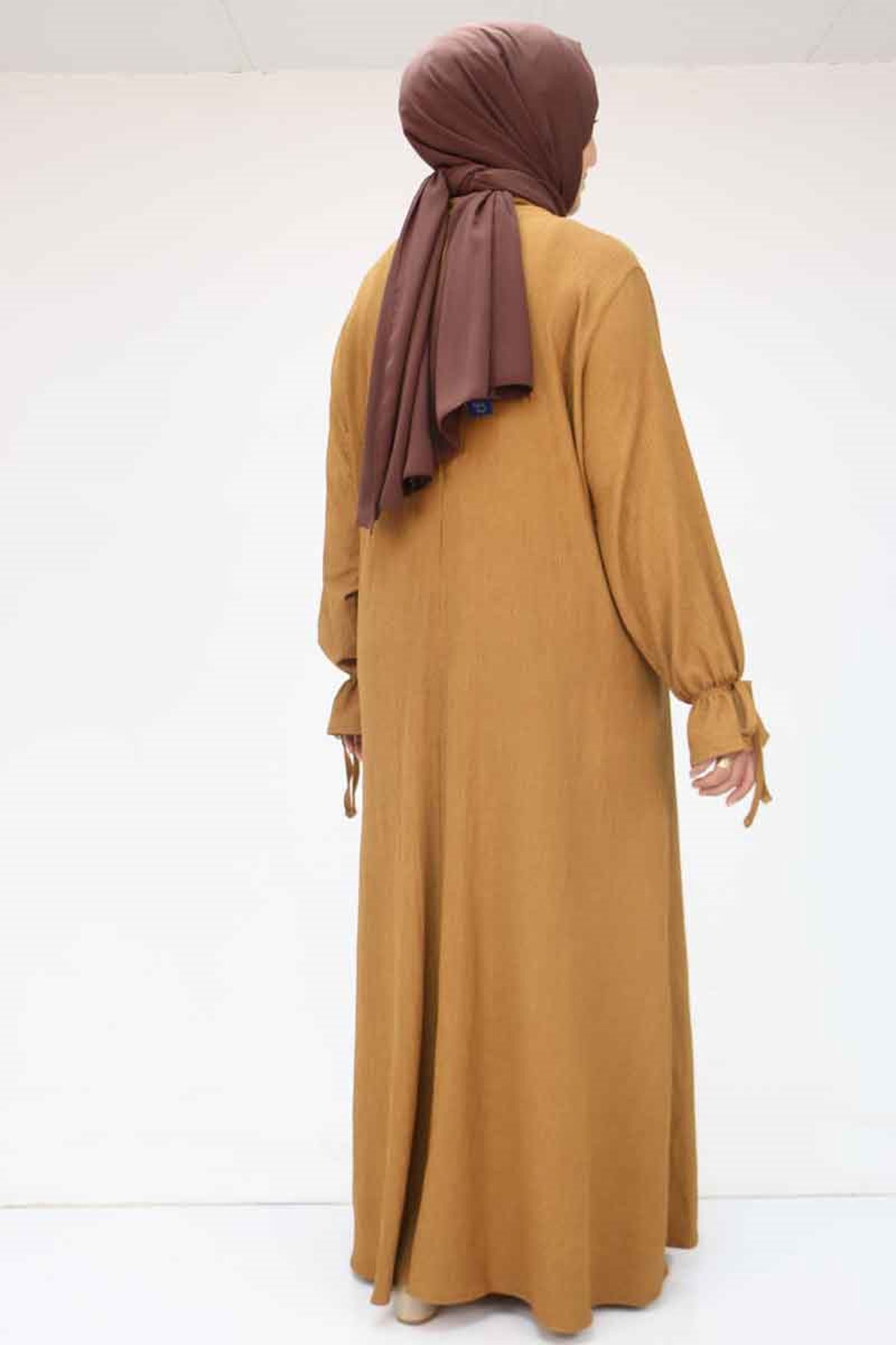 F-52005 Büyük Beden Kolu Bağlamalı Bürümcük Elbise - Taba