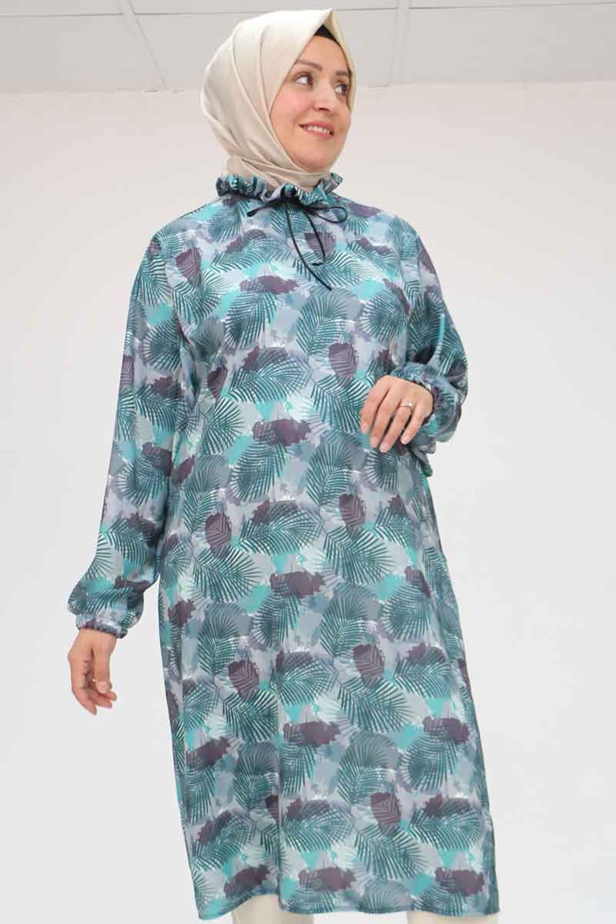 58028 Büyük Beden Yaka Fırfırlı Jesica Tunik - Yaprak Desen Mint