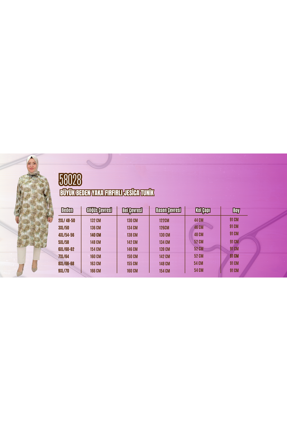 58028 Büyük Beden Yaka Fırfırlı Jesica Tunik - Yaprak Desen Mint