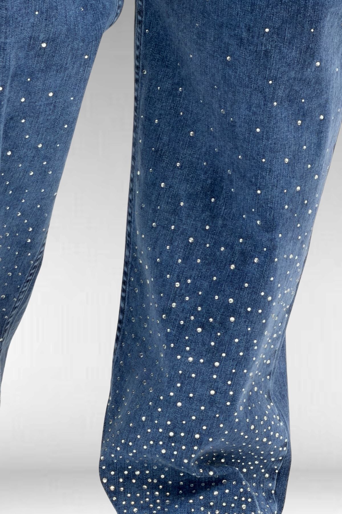 69001 Büyük Beden Beli Lastikli Cep Görünümlü Taşlı Kot Pantolon - Lacivert