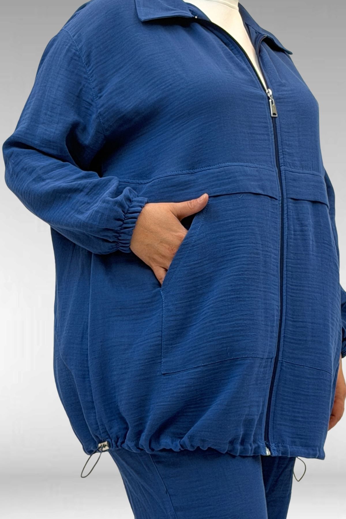 67016 Büyük Beden Kol Ve Etek Ucu Lastik Detaylı Müslin Pantolonlu Takım - İndigo