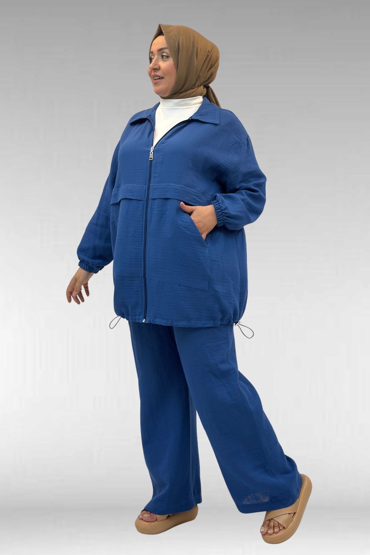 67016 Büyük Beden Kol Ve Etek Ucu Lastik Detaylı Müslin Pantolonlu Takım - İndigo