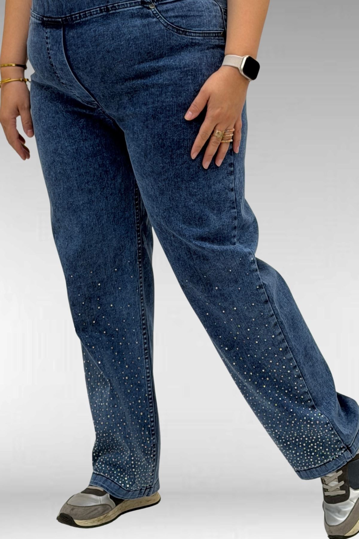 69001 Büyük Beden Beli Lastikli Cep Görünümlü Taşlı Kot Pantolon - Lacivert