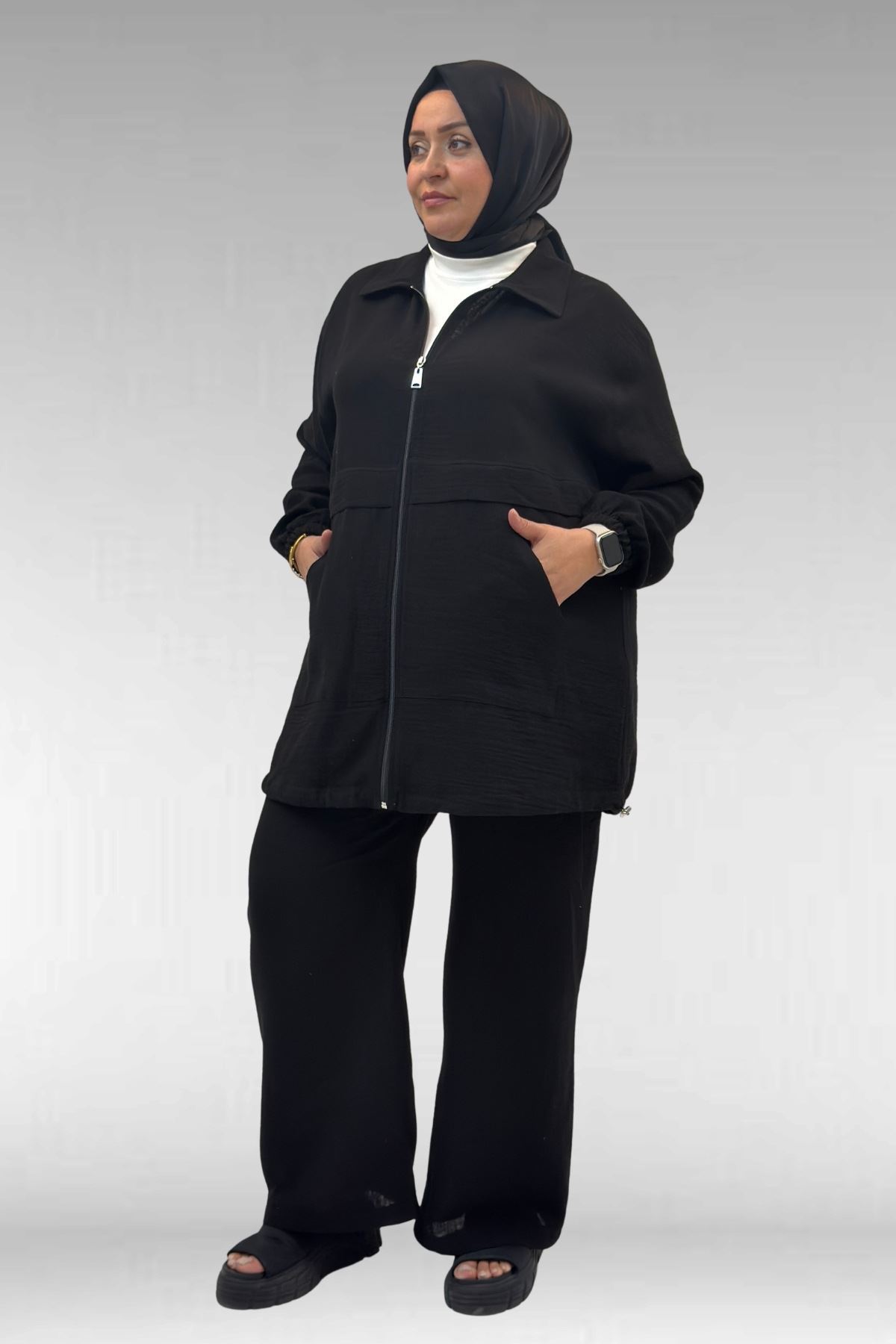 67016 Büyük Beden Kol Ve Etek Ucu Lastik Detaylı Müslin Pantolonlu Takım - Siyah