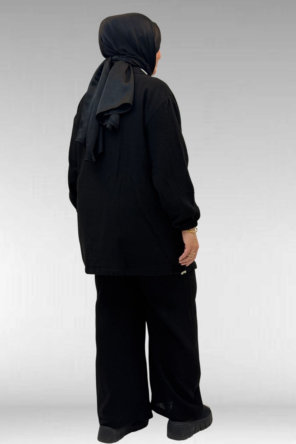 67016 Büyük Beden Kol Ve Etek Ucu Lastik Detaylı Müslin Pantolonlu Takım - Siyah