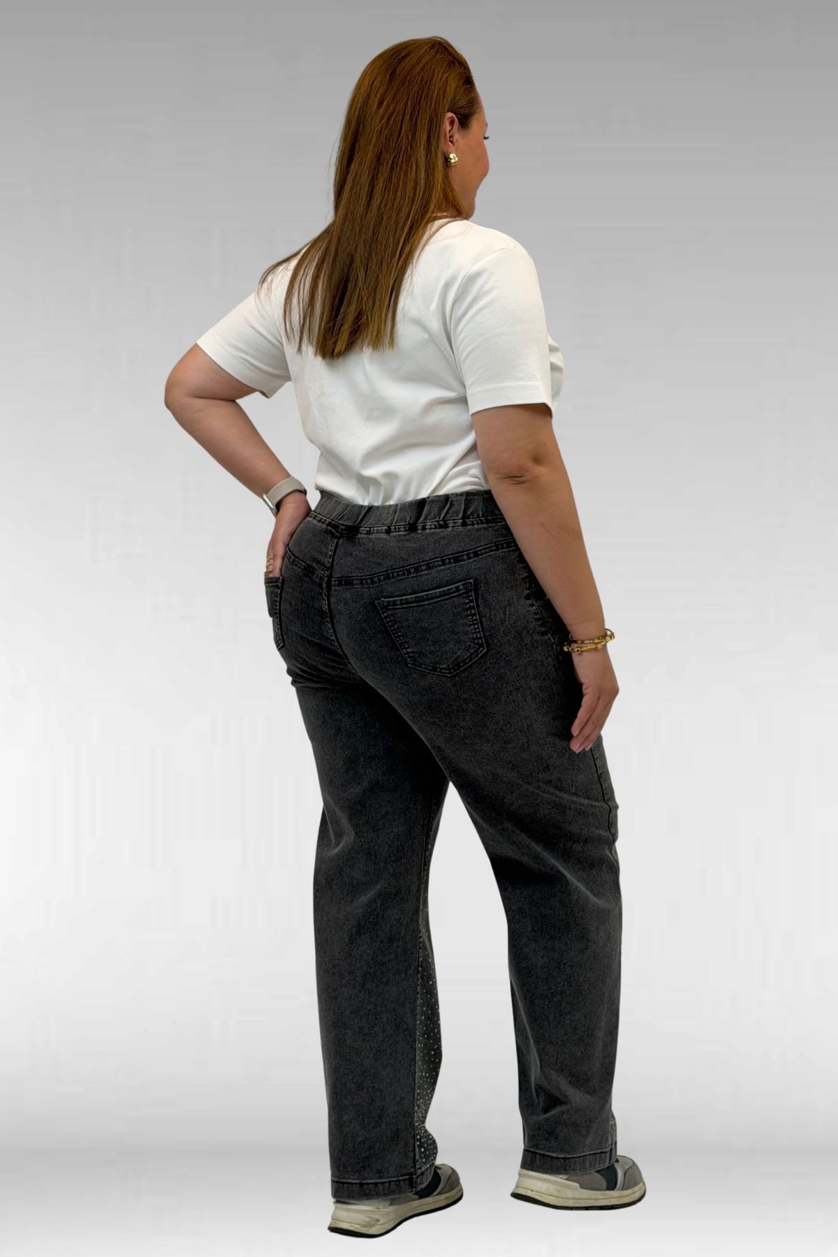 69001 Büyük Beden Beli Lastikli Cep Görünümlü Taşlı Kot Pantolon - Siyah