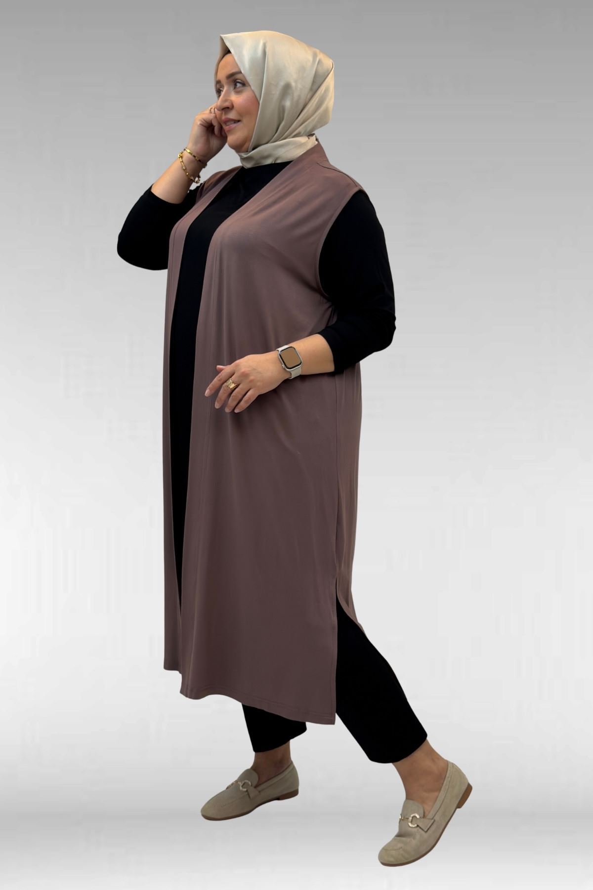 34000 Büyük Beden Penye Giy-Çık Yelek -  Vizon