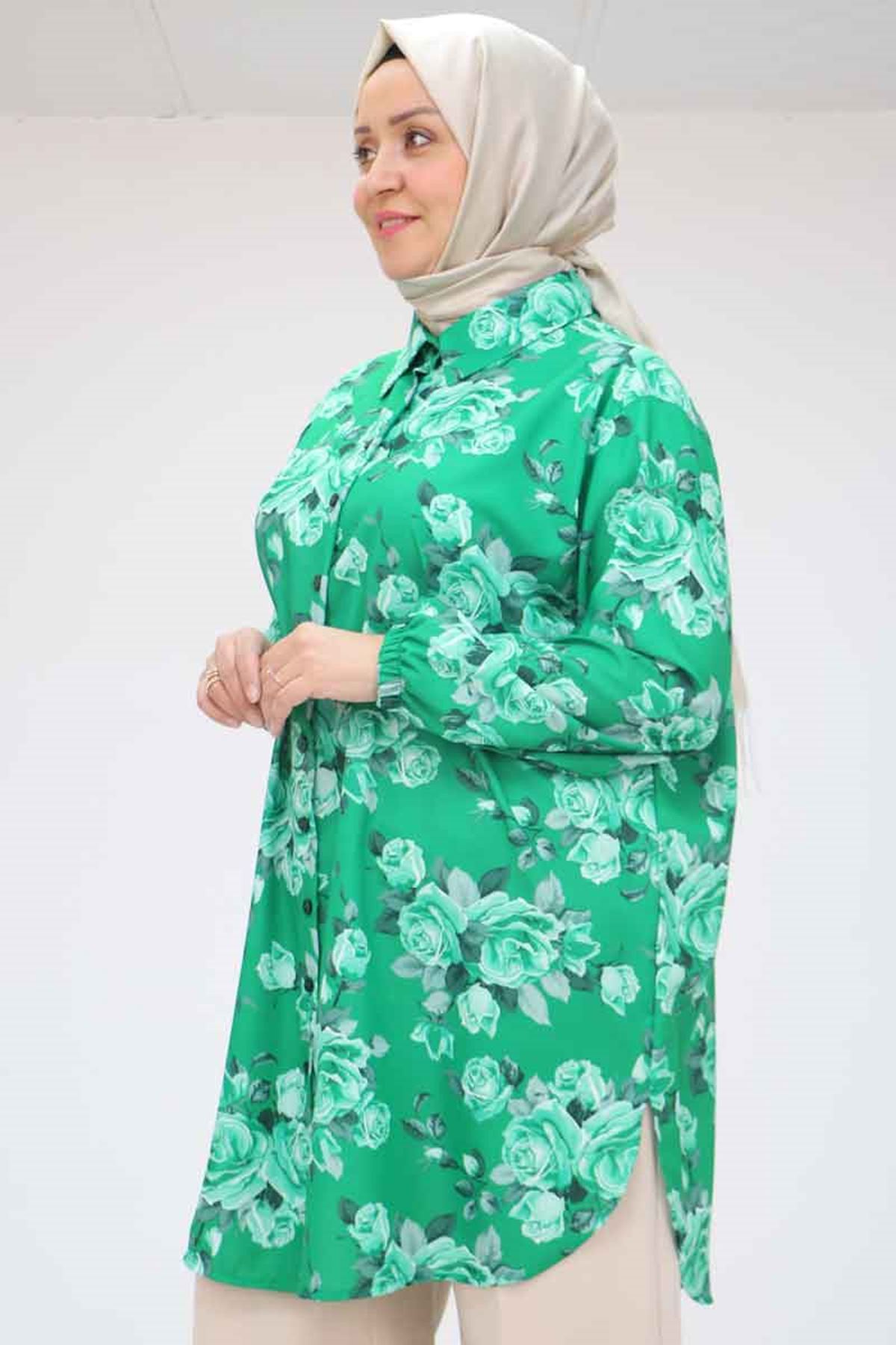 98052 Büyük Beden Erkek Yakalı Jesica Gömlek Tunik - Gül Desen Beneton