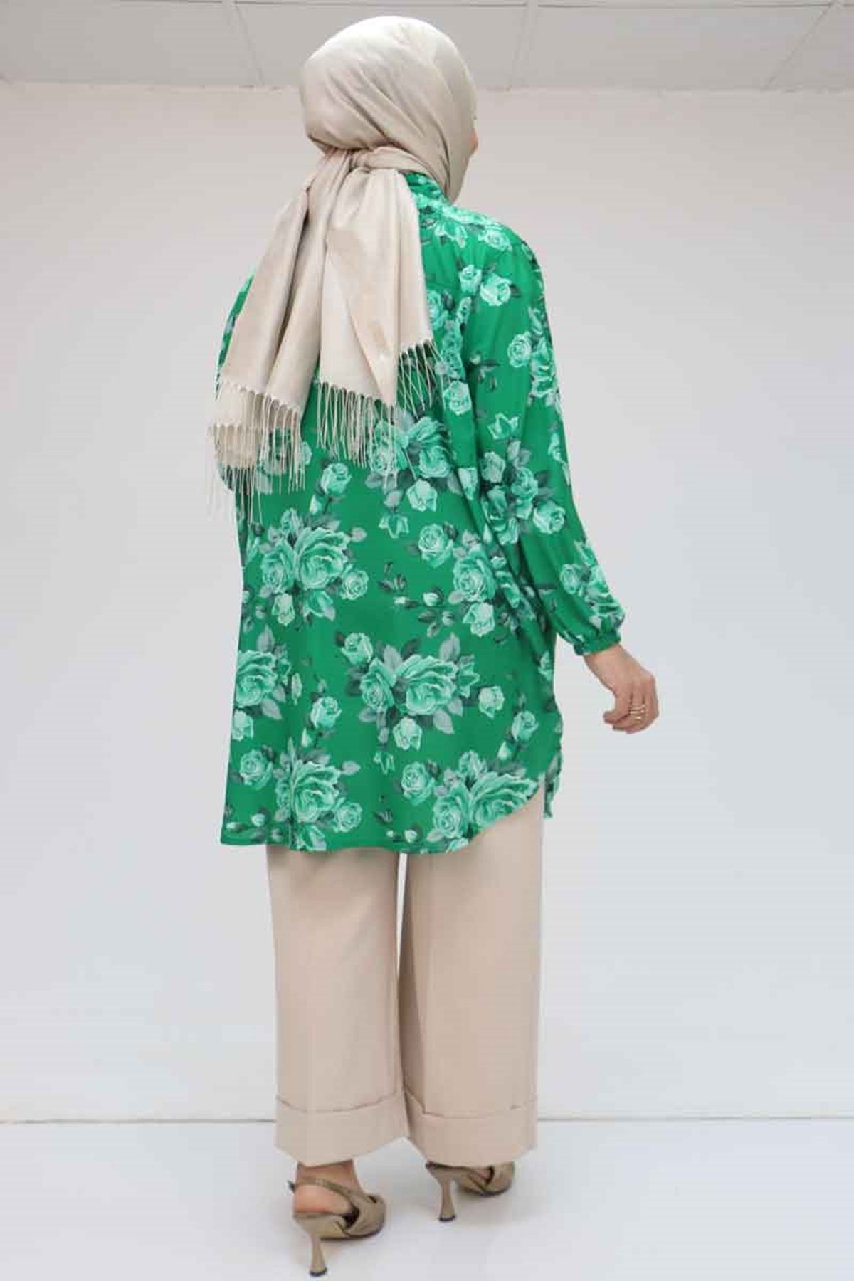 98052 Büyük Beden Erkek Yakalı Jesica Gömlek Tunik - Gül Desen Beneton