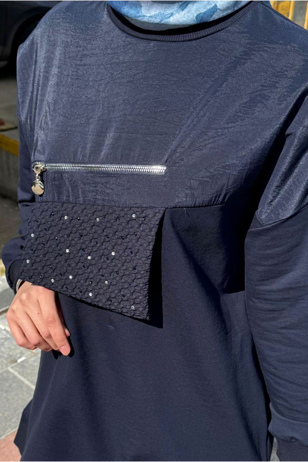 26Y7056 - LACİVERT - FERMUARLI CEP DETAY TUNİK