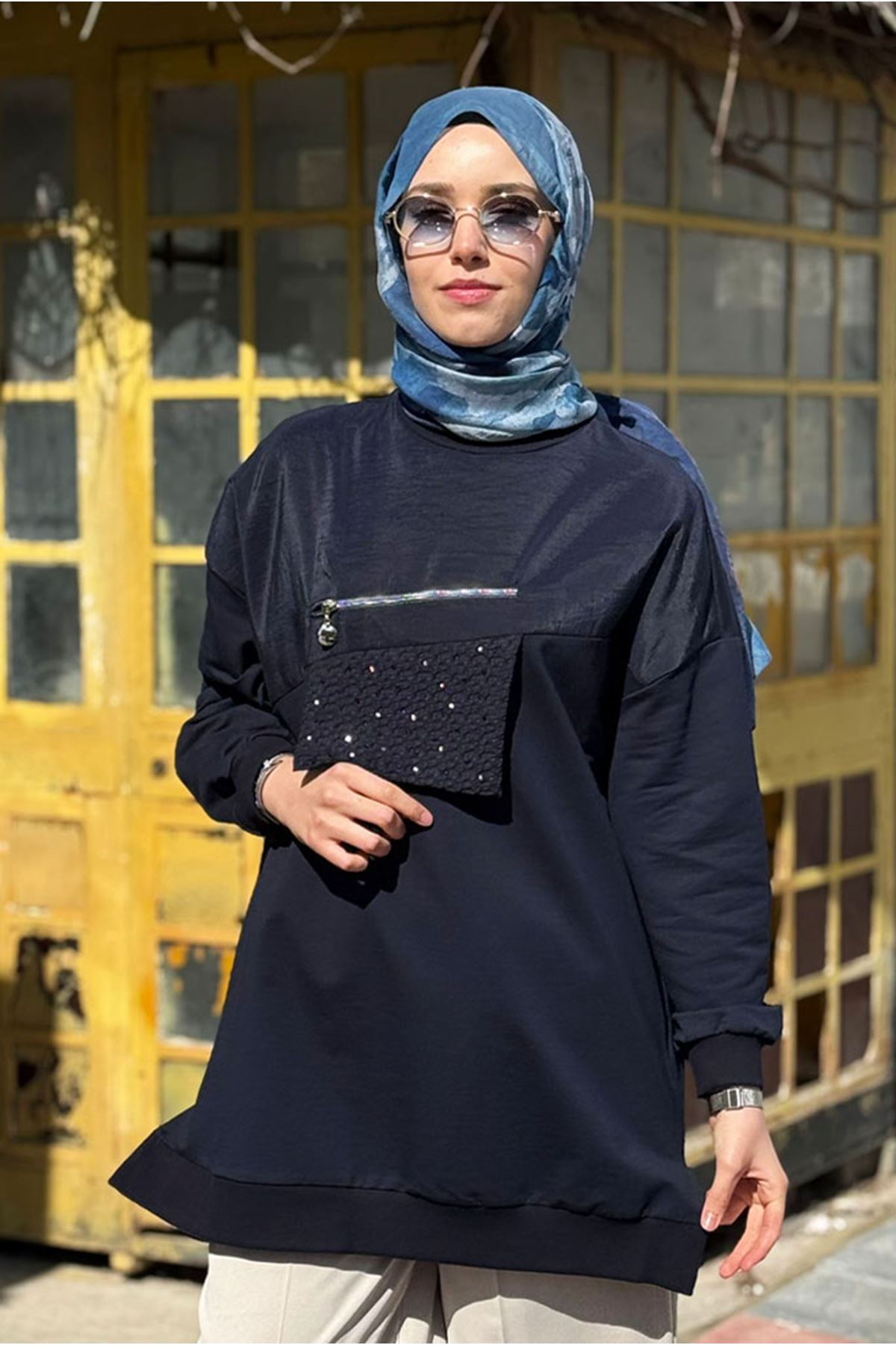 26Y7056 - LACİVERT - FERMUARLI CEP DETAY TUNİK