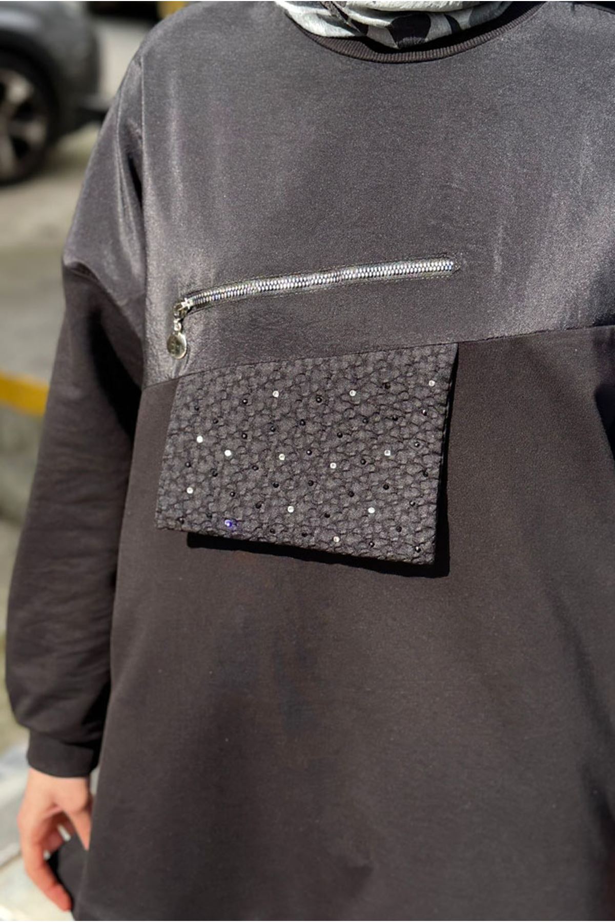 26Y7056 - SİYAH - FERMUARLI CEP DETAY TUNİK 