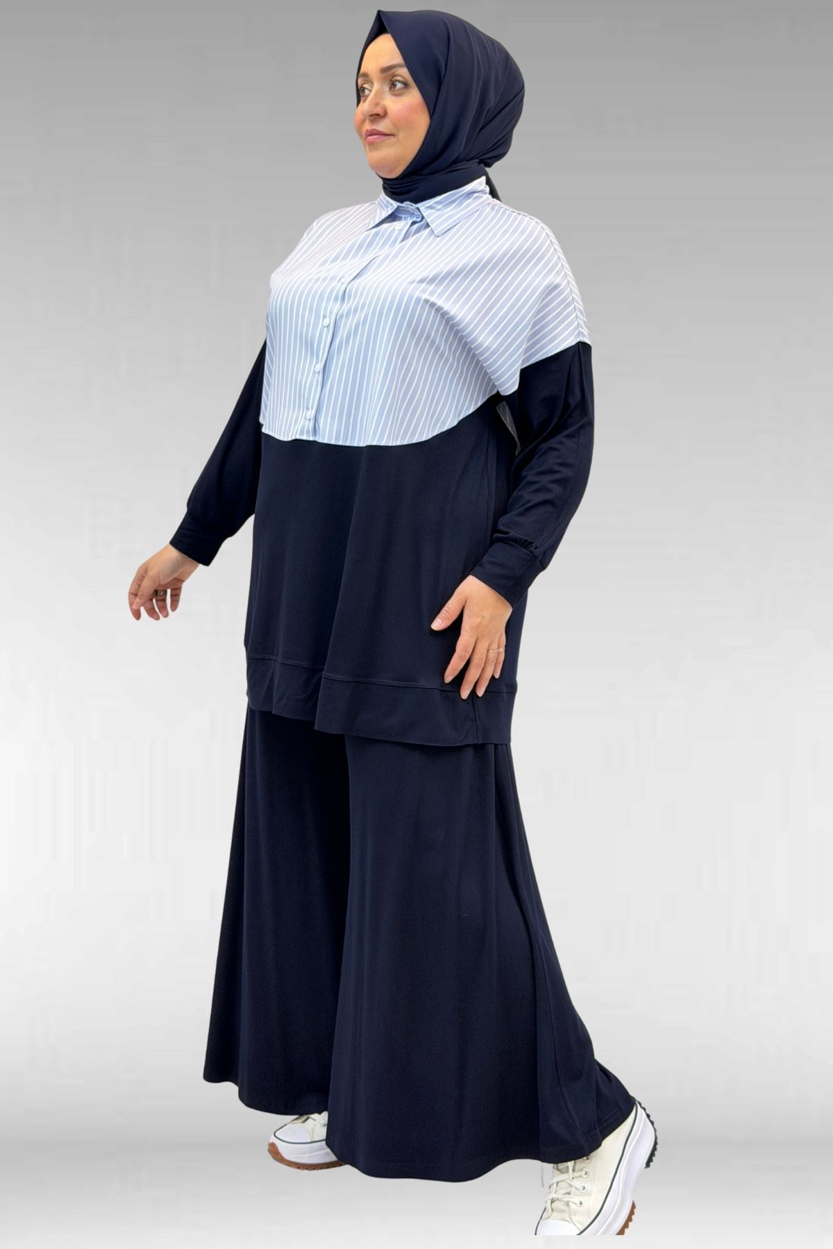 57016  Büyük Beden Erkek Yaka Kombinli Pantolonlu Takım - Lacivert-Mavi