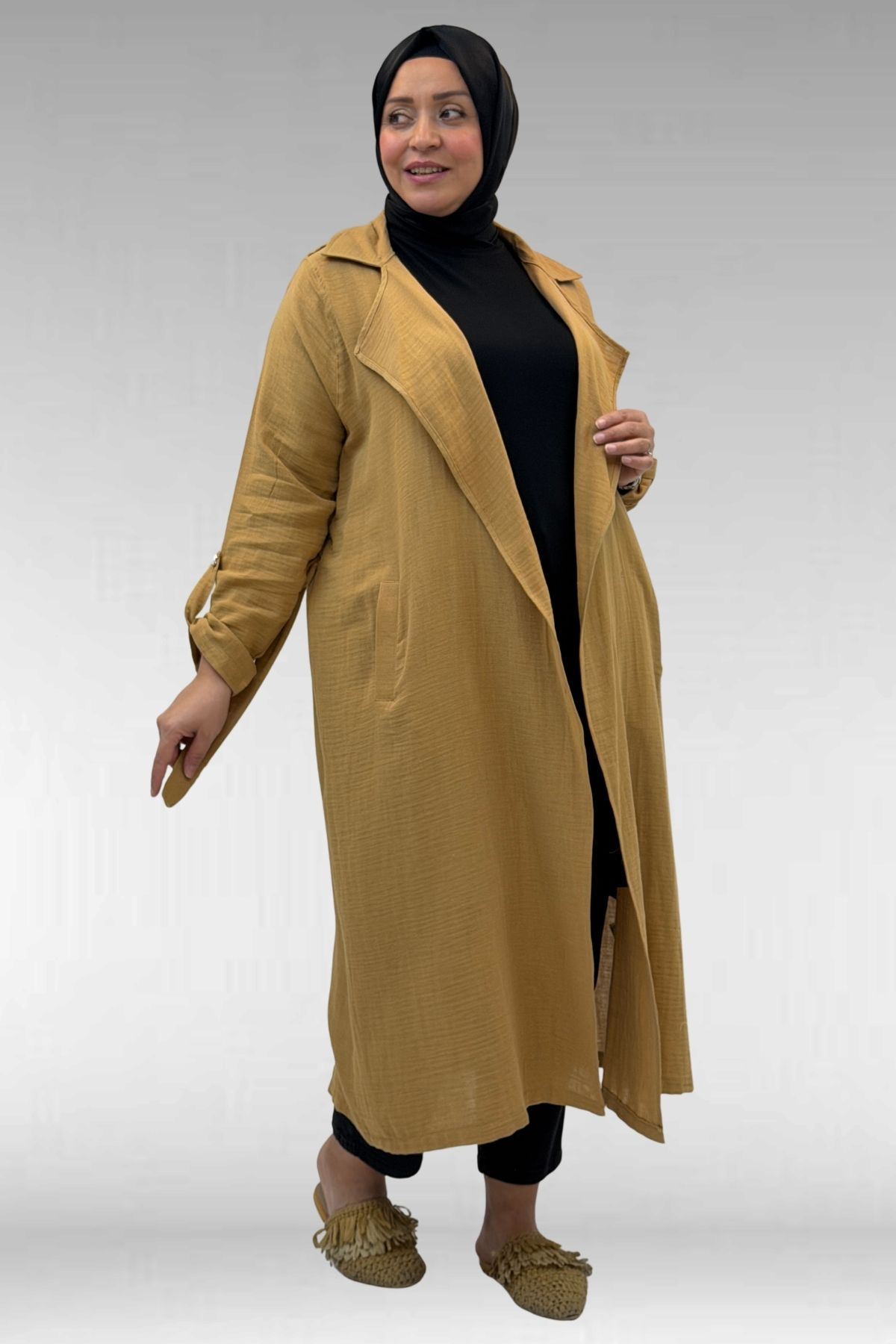 63006  Büyük Beden D Halka Detaylı Müslin Trençkot - Bisküvi