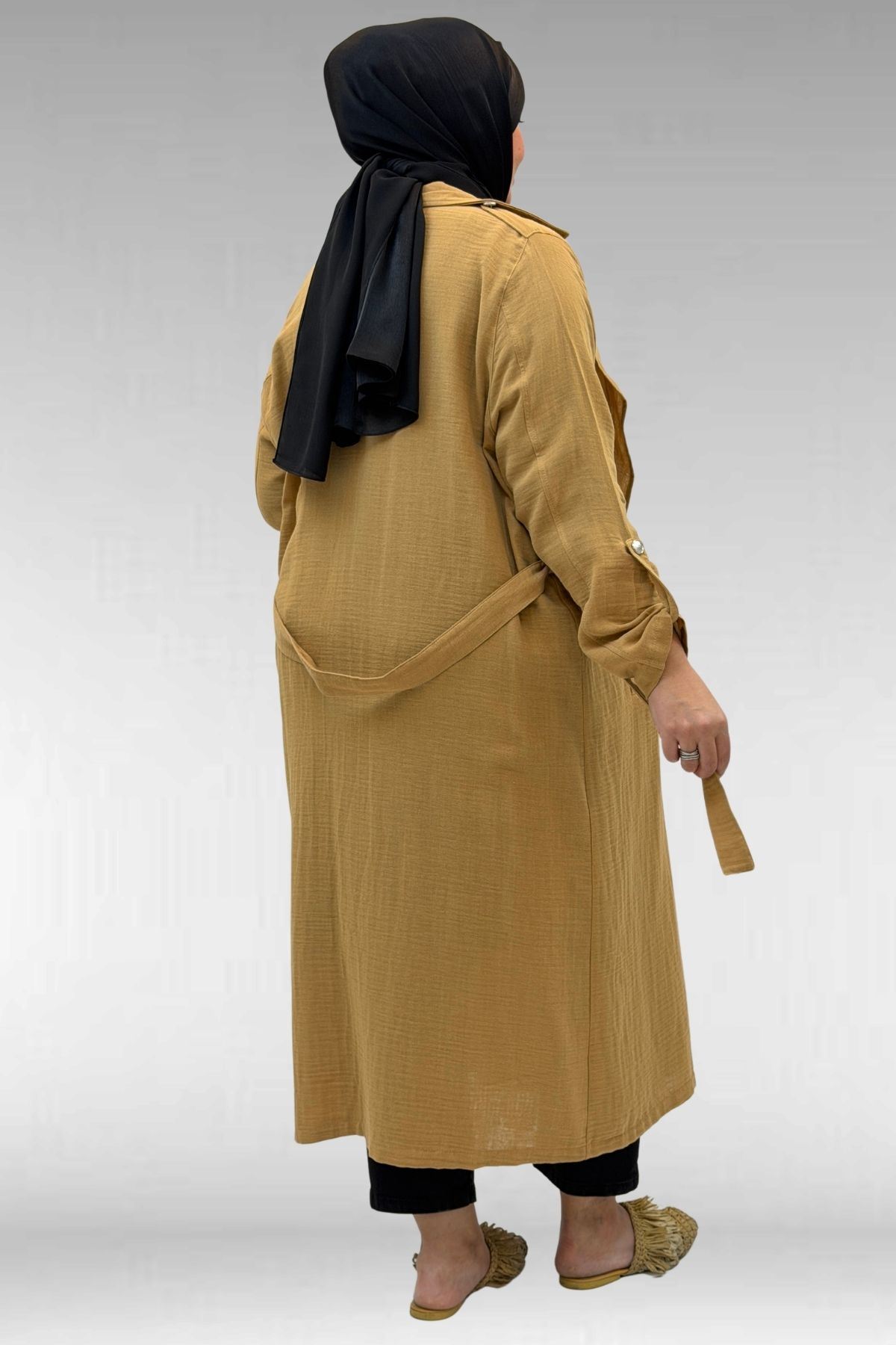 63006  Büyük Beden D Halka Detaylı Müslin Trençkot - Bisküvi